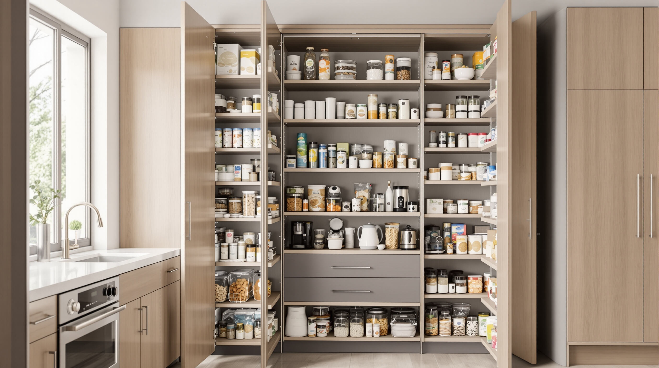 Open custom pantry cabinet with floor-to-ceiling adjustable shelves organized with food and appliances