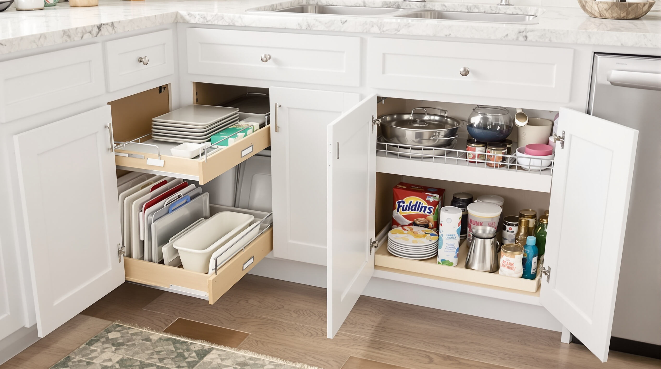 Kitchen cabinets with hidden pull-out drawers, corner shelves, and organized storage under the sink