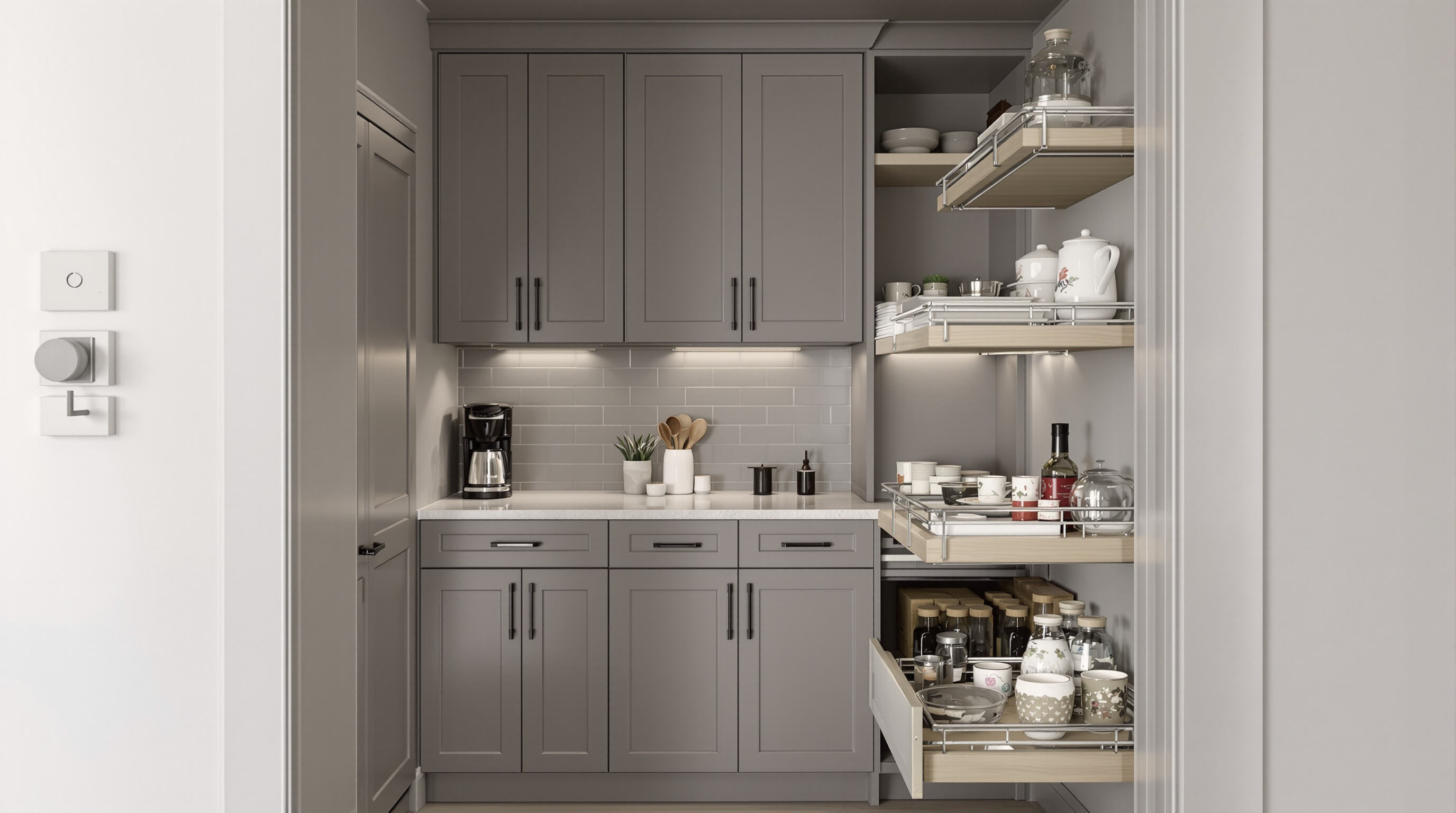 Walk-in pantry with coffee station, integrated countertop, and appliance pull-out shelves
