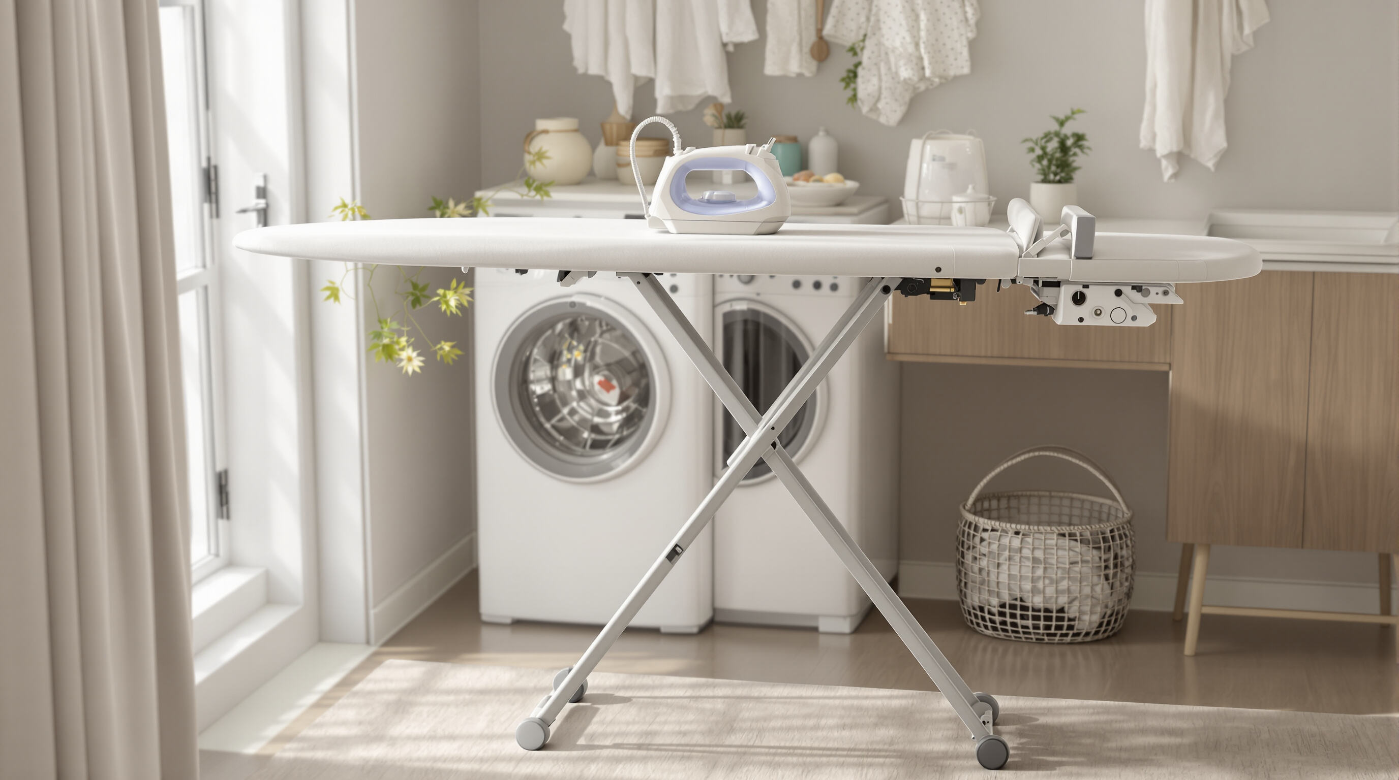 Modern ironing board showing adjustable height, stable legs, and integrated iron rest in a home setting