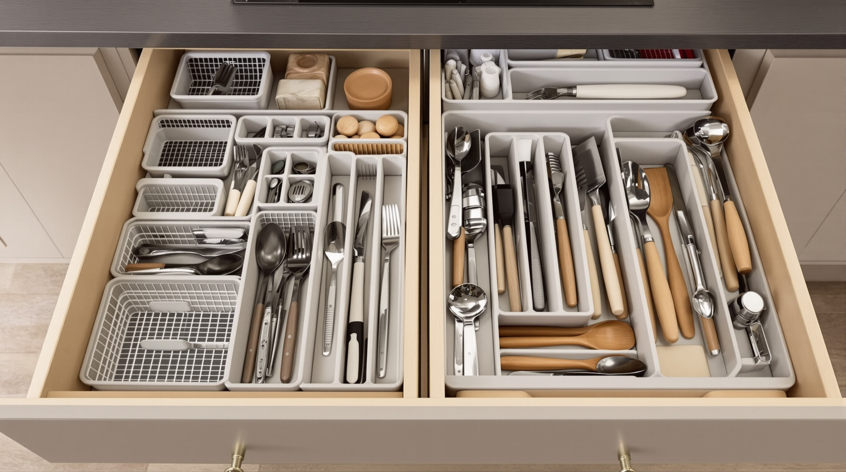 Photo of a compact kitchen with organized open drawers using baskets and dividers to maximize storage space