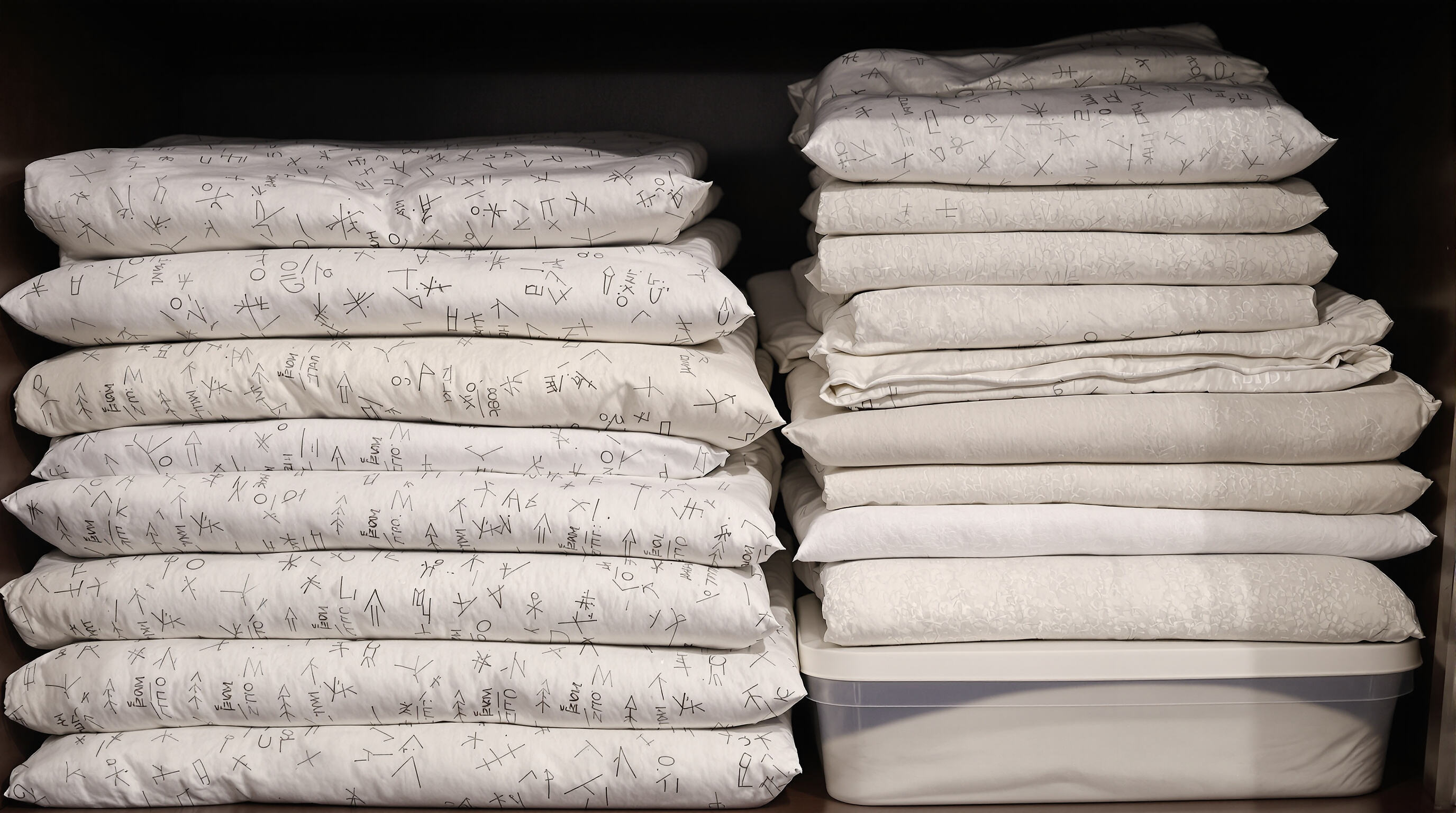 Printed bedding stored in a dark closet with silica gel packets, acid-free tissue, and appropriate containers.
