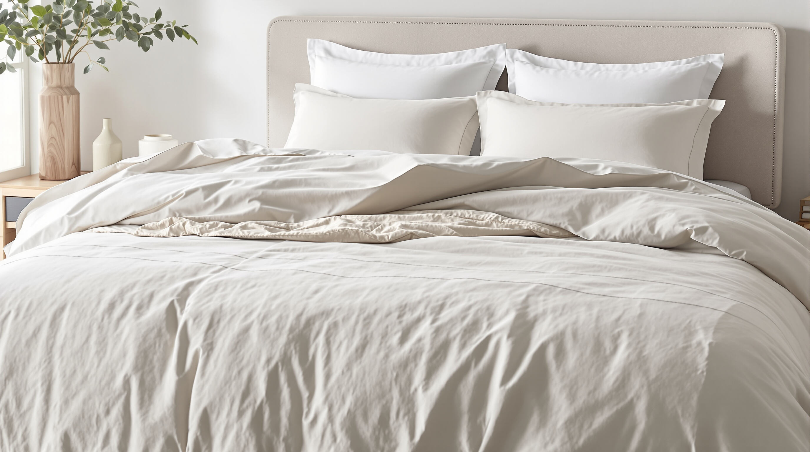 Photorealistic image of a bed displaying four different luxury duvet covers made from cotton, linen, bamboo, and eucalyptus fabrics