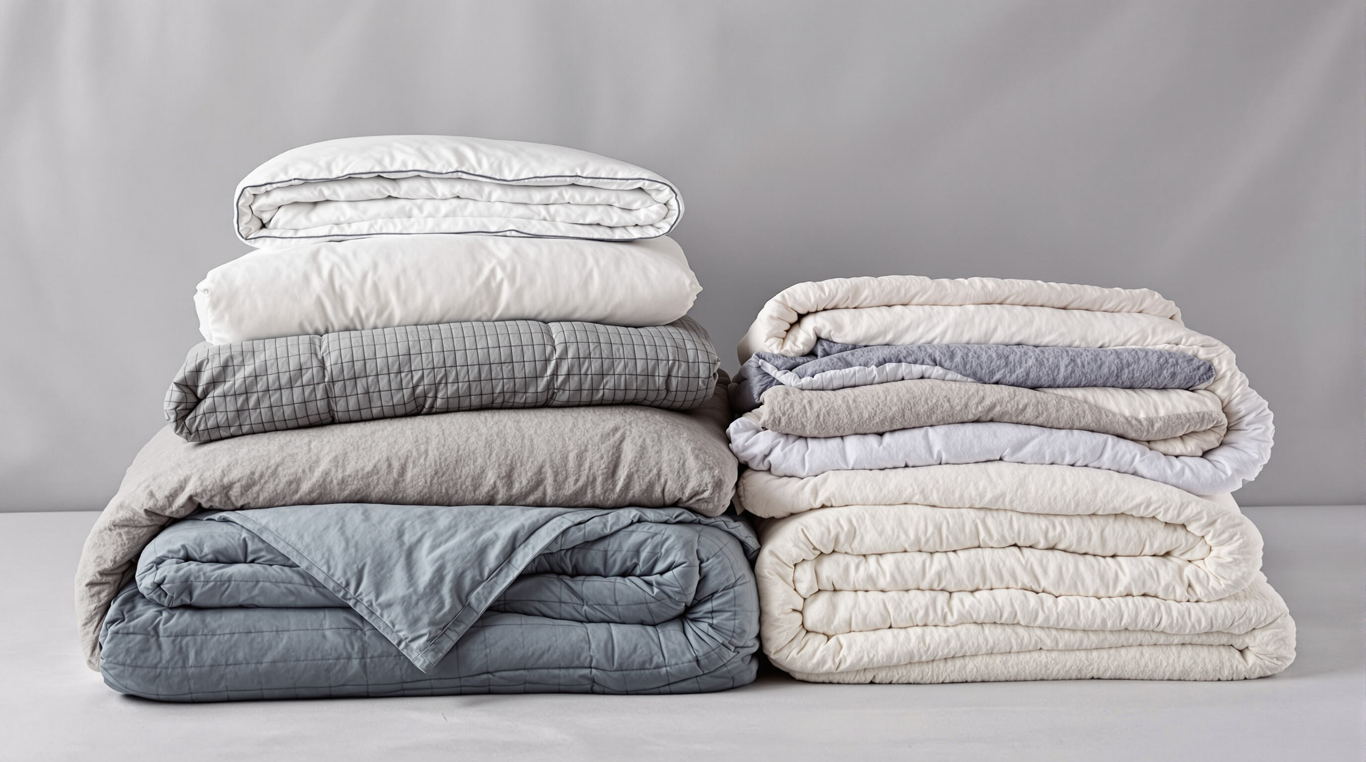 Flat lay showing different blanket types including a comforter, duvet with cover, quilt, throw, and wool blanket.