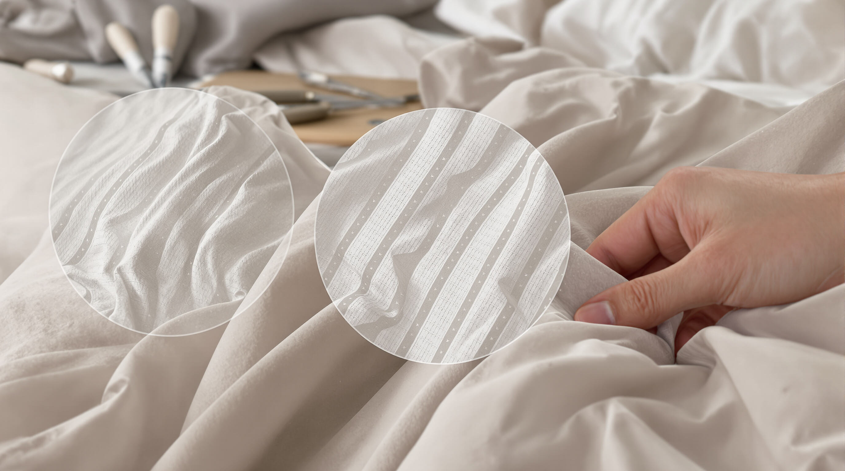 Photorealistic close-up showing hands comparing the weave and thread quality of luxury duvet cover fabrics