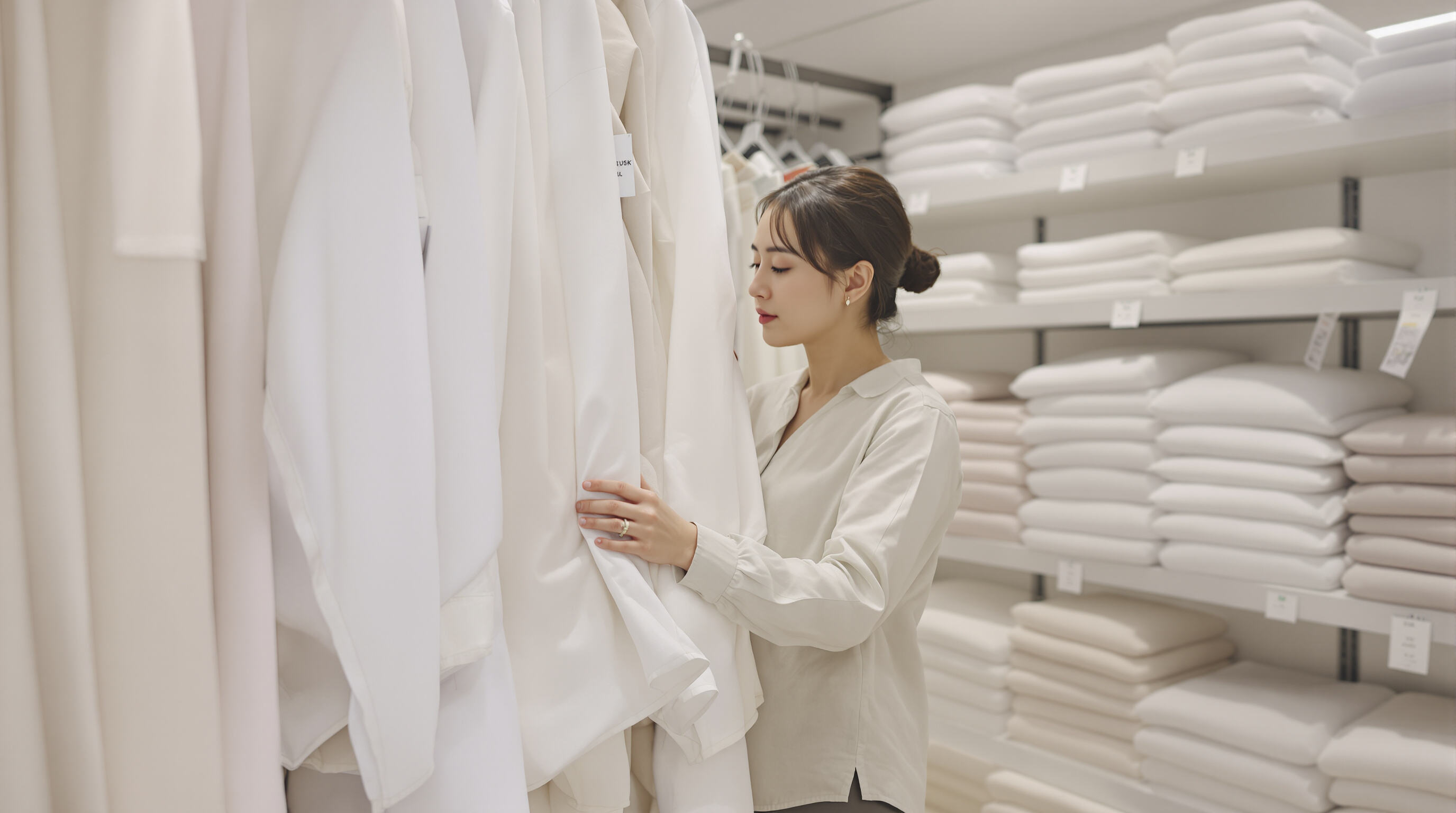 Shopper closely examining bed sheets in a store aisle with neatly stacked bedding and soft lighting