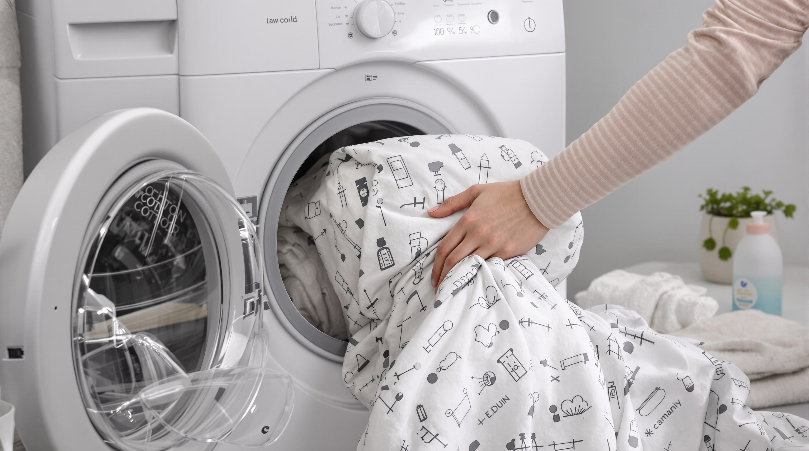 Printed bedding being washed in a modern washing machine with mild detergent and cold water.