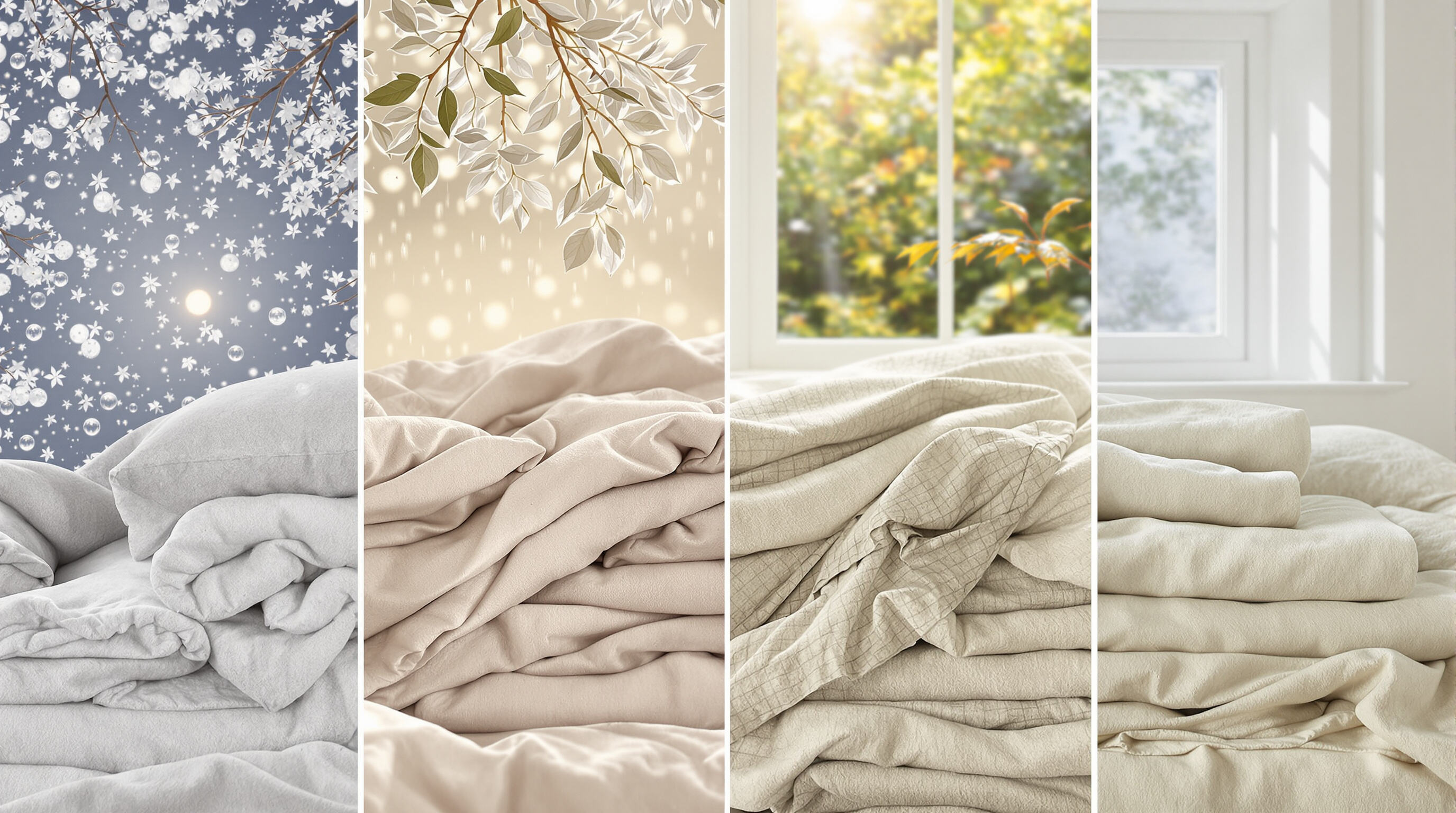 Muted realistic photo of a bed showcasing different bedding fabrics, with a window hinting at four seasons outside.