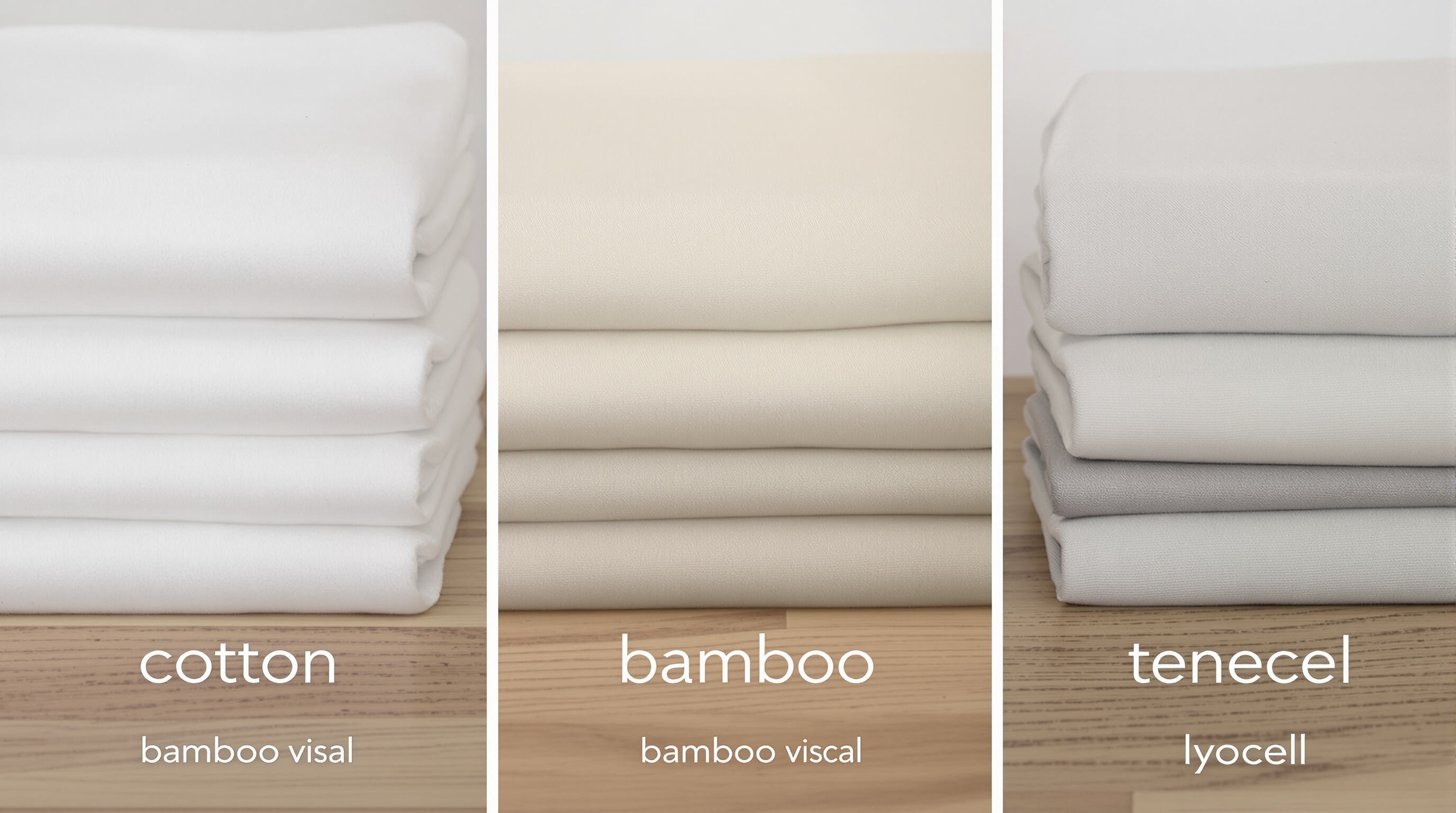 Photorealistic image comparing cotton, bamboo, and Tencel sheets folded side by side, highlighting their texture and material differences.