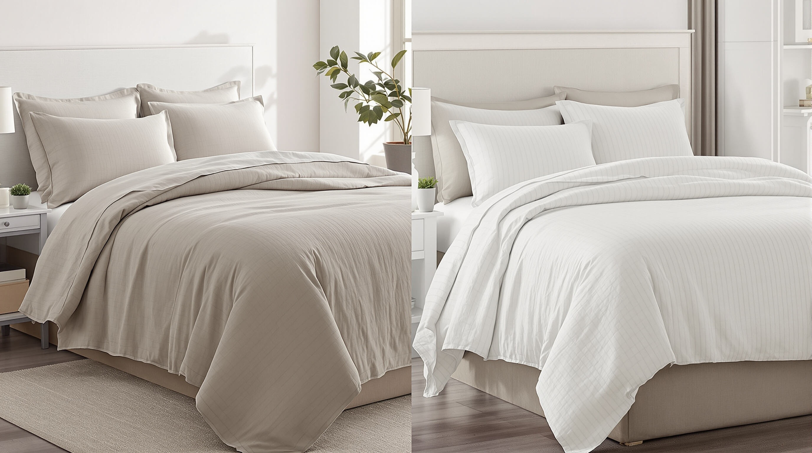 Side-by-side beds with natural and synthetic fabric bedding showing texture and quality differences