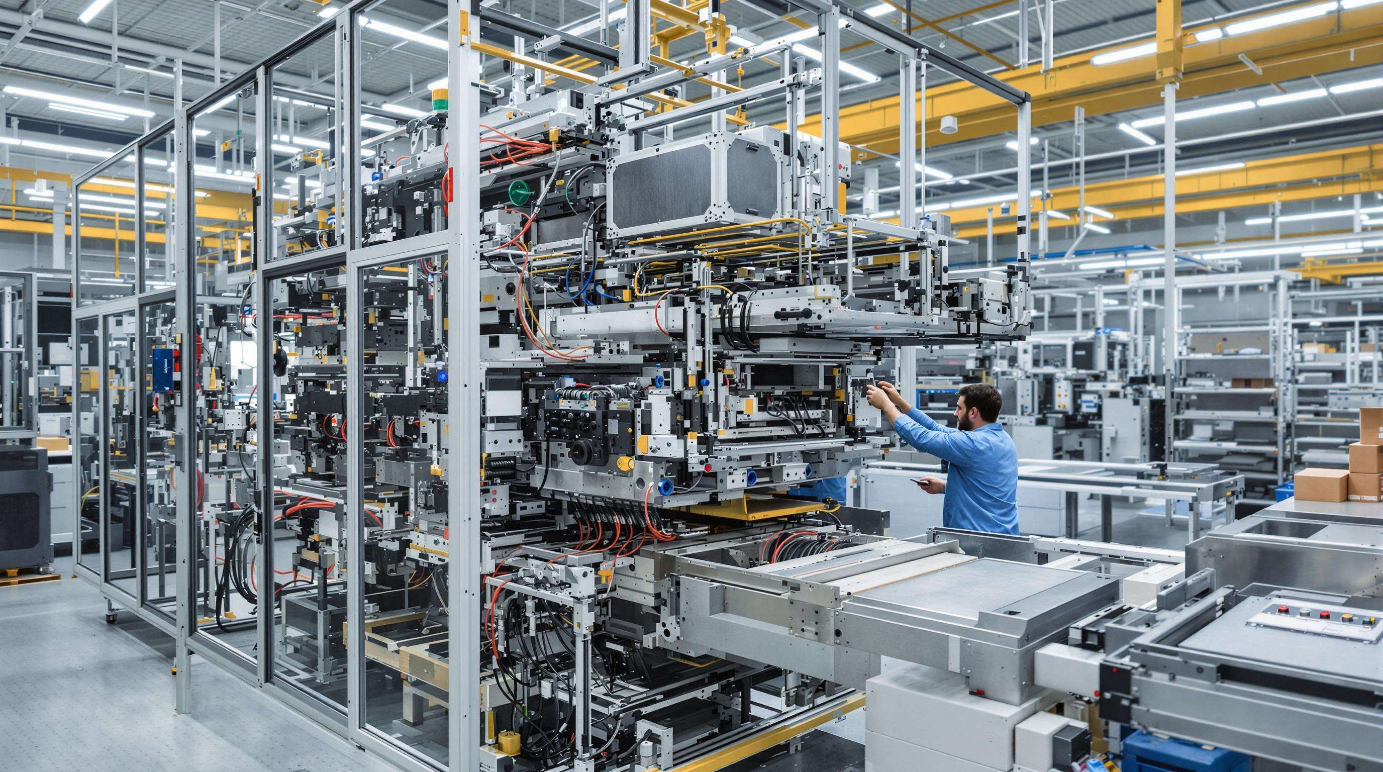 Technicians reconfiguring a modular collating machine with visible components and sensors in a workshop