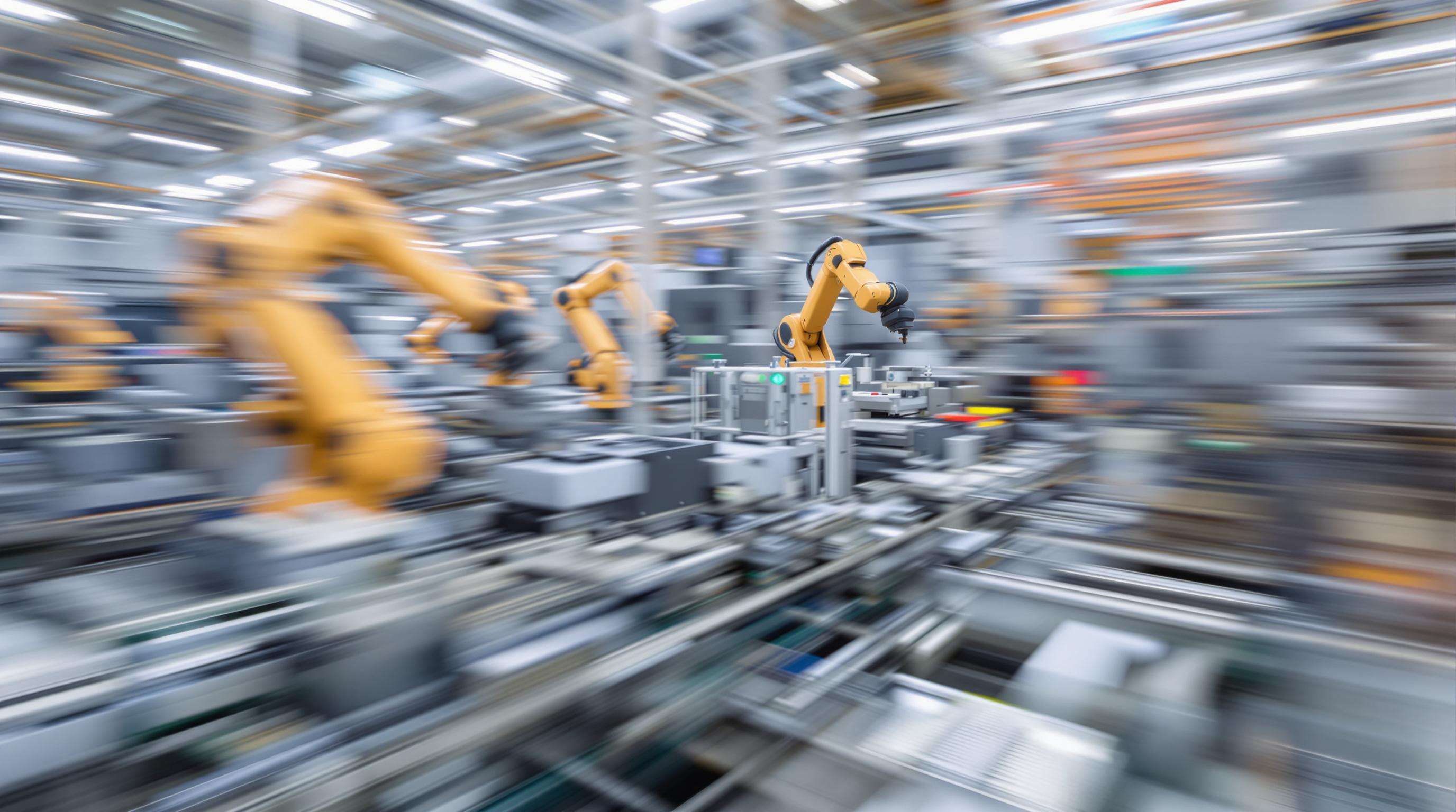 Modern factory assembly line with robotic arms and collating machines operating efficiently
