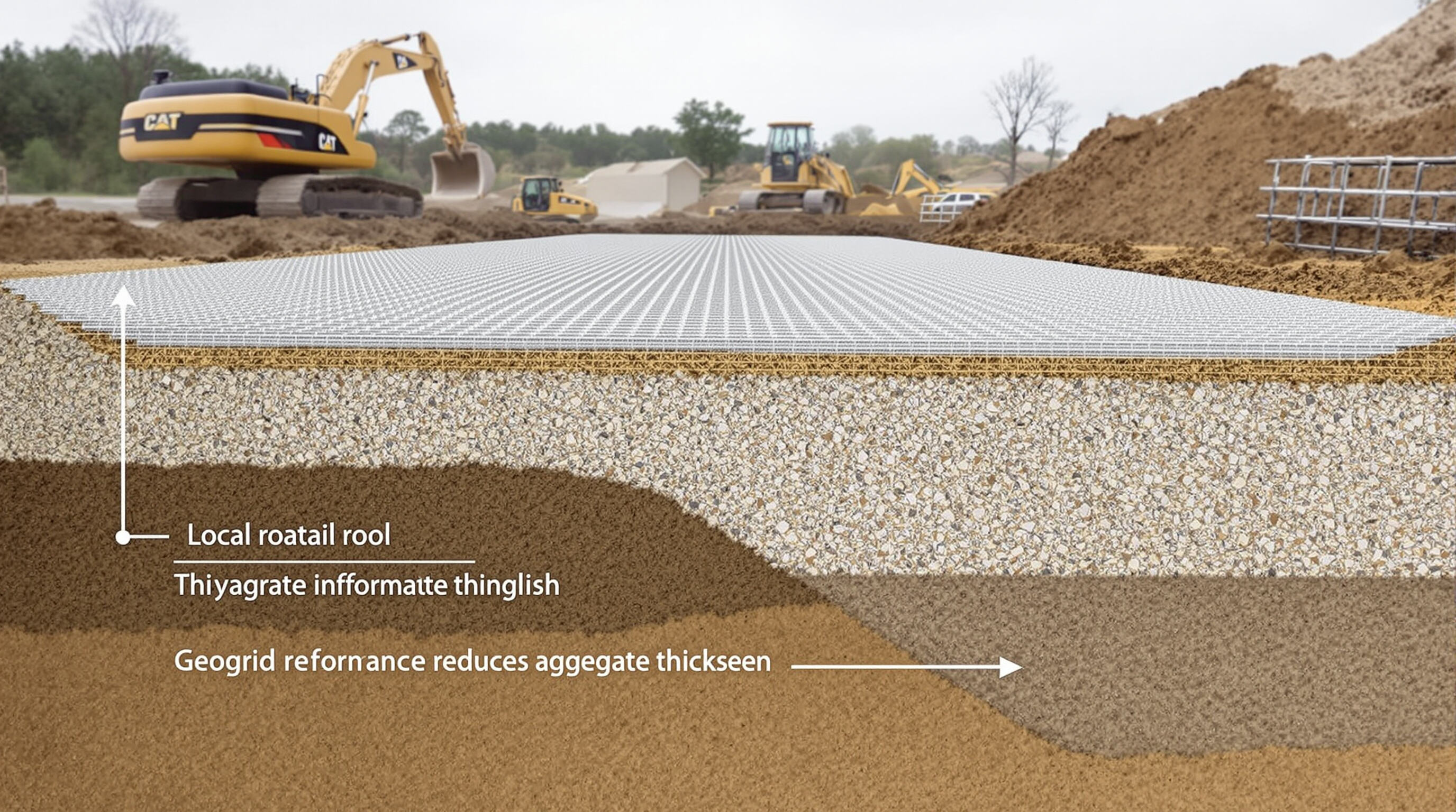 Photorealistic scene showing a road construction cross-section with geogrid reinforcement and thinner aggregate layers