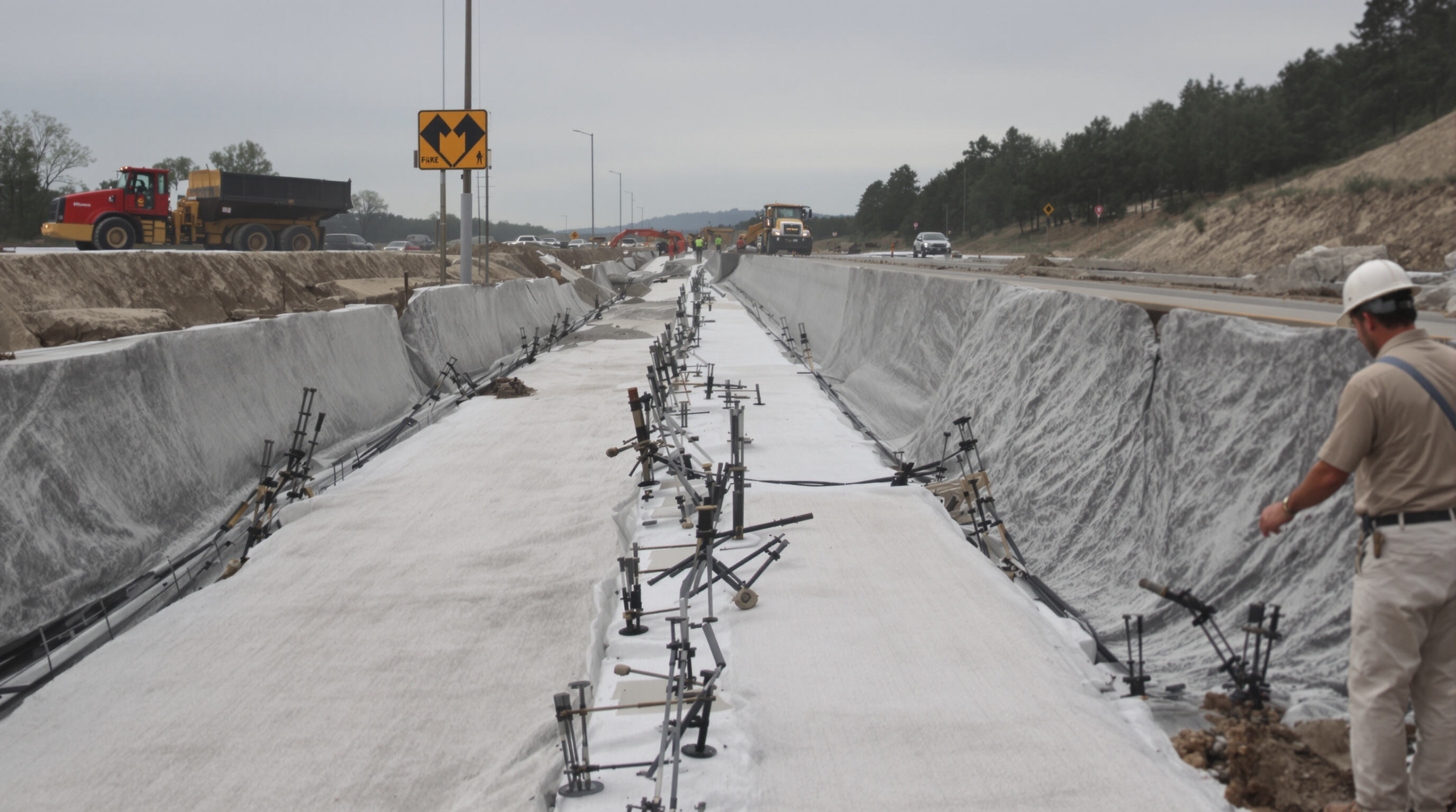 Civil engineer supervising geo fabric installation at a highway construction site