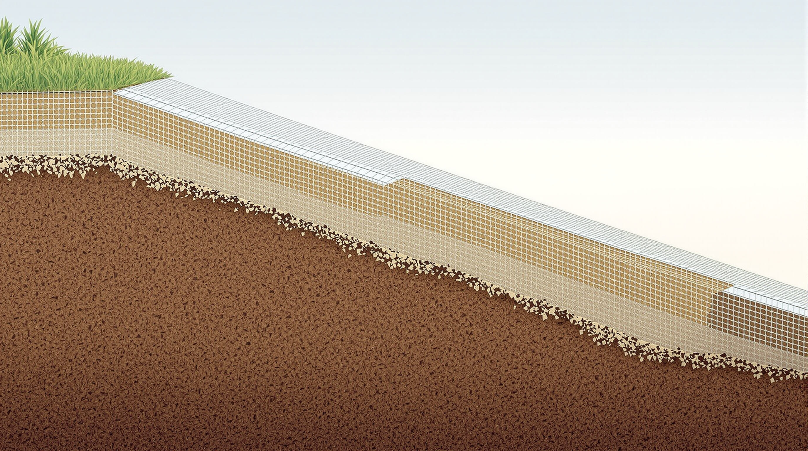 Photorealistic cross-section of a hillside with geogrids reinforcing soil layers, demonstrating slope stabilization mechanisms