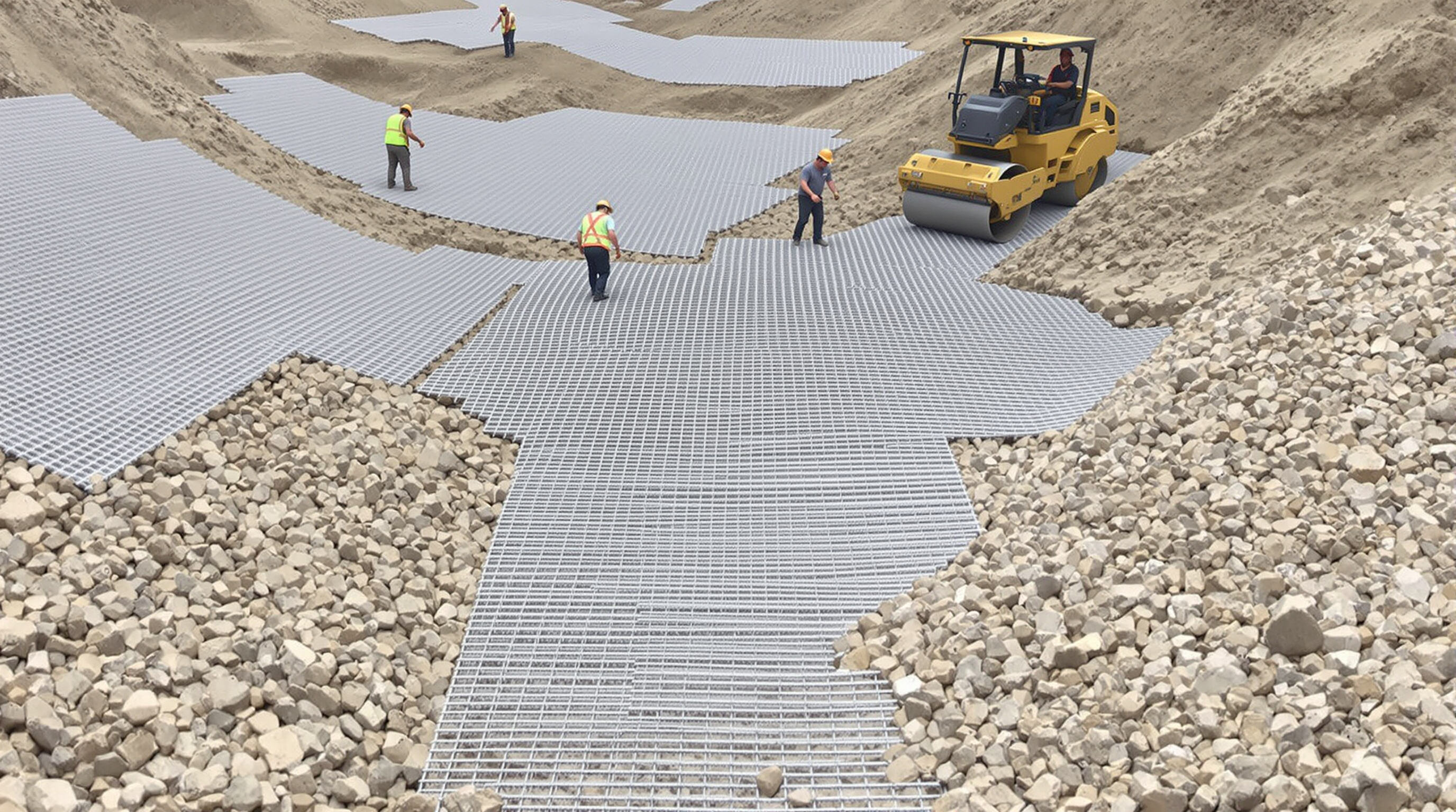 Construction workers installing geogrids and compacting soil on a sloped terrain, showing proper installation techniques