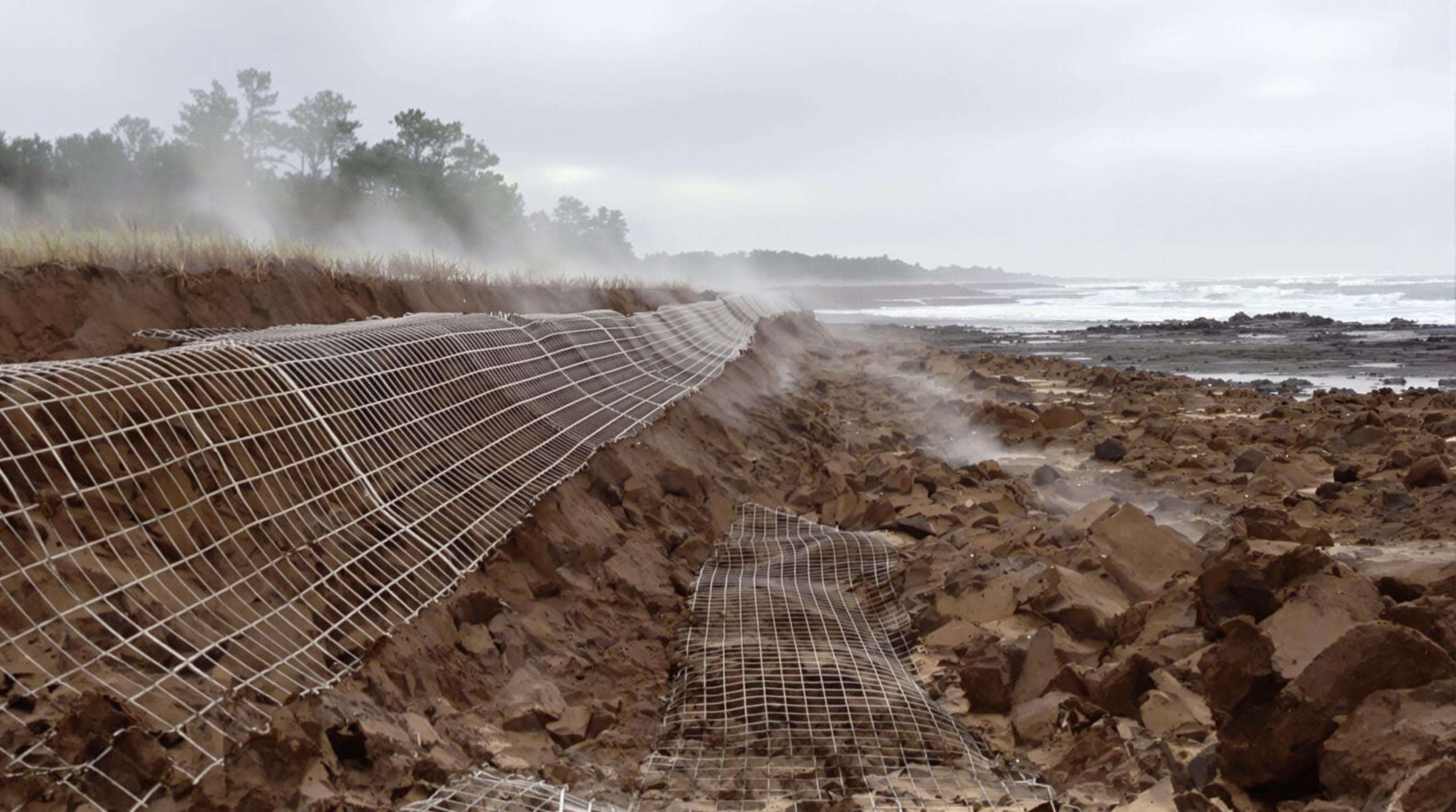 PET geogrid installed in coastal soil embankment facing harsh environmental conditions, with visible saltwater and soil.