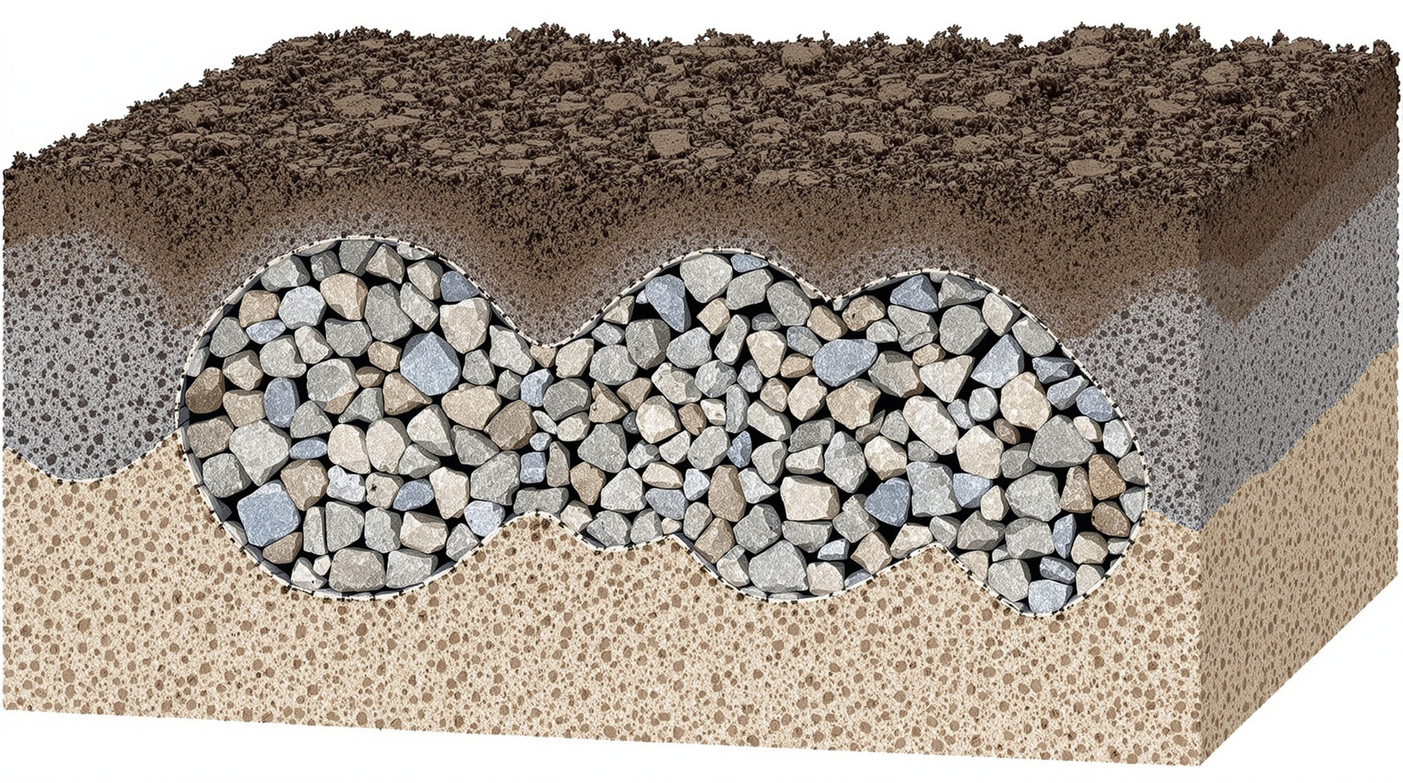 Cross-sectional view of soil with angular rock particles interlocked in the uniaxial geogrid openings