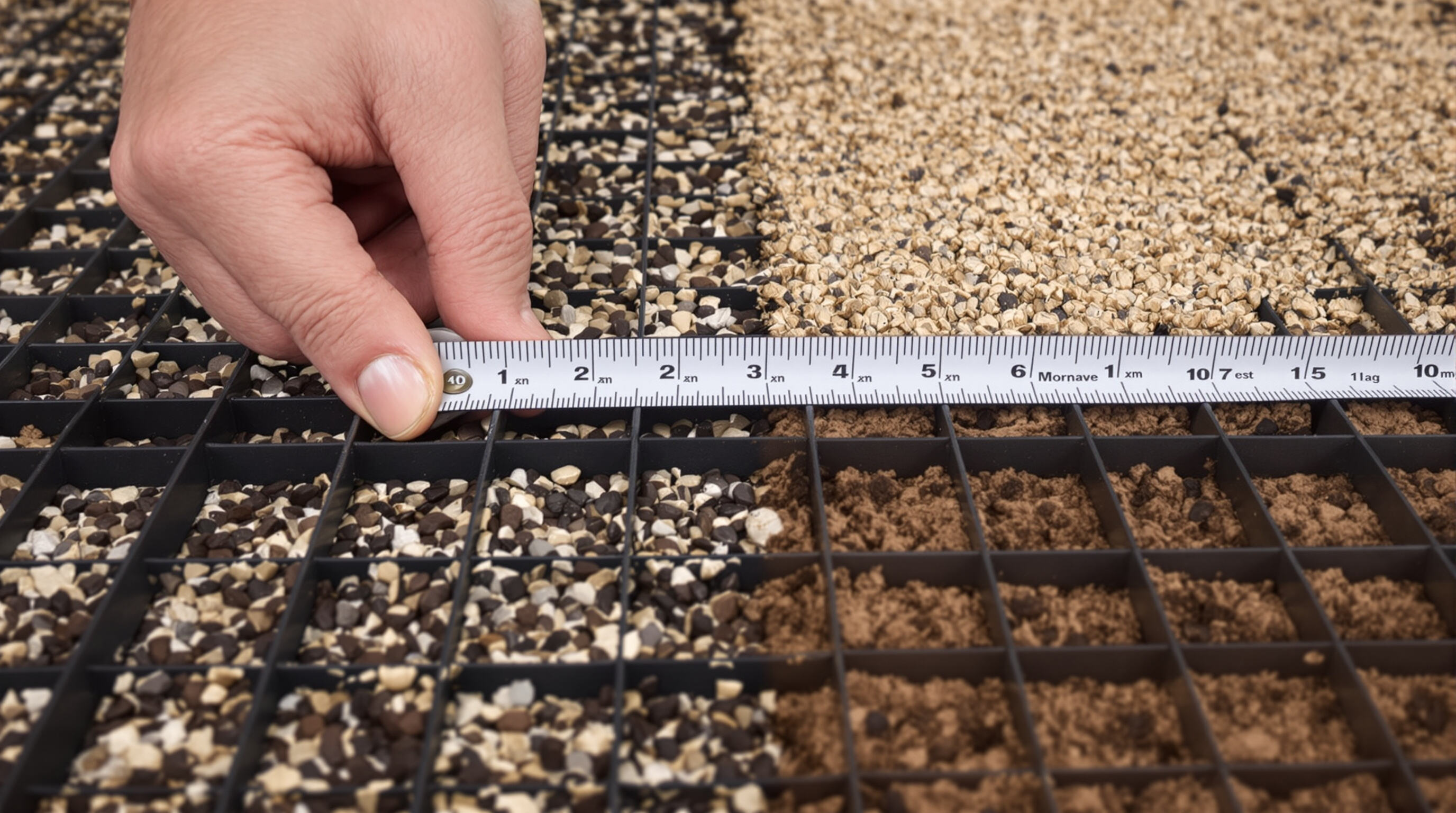 Close-up of a hand measuring uniaxial geogrid aperture over varying soil types