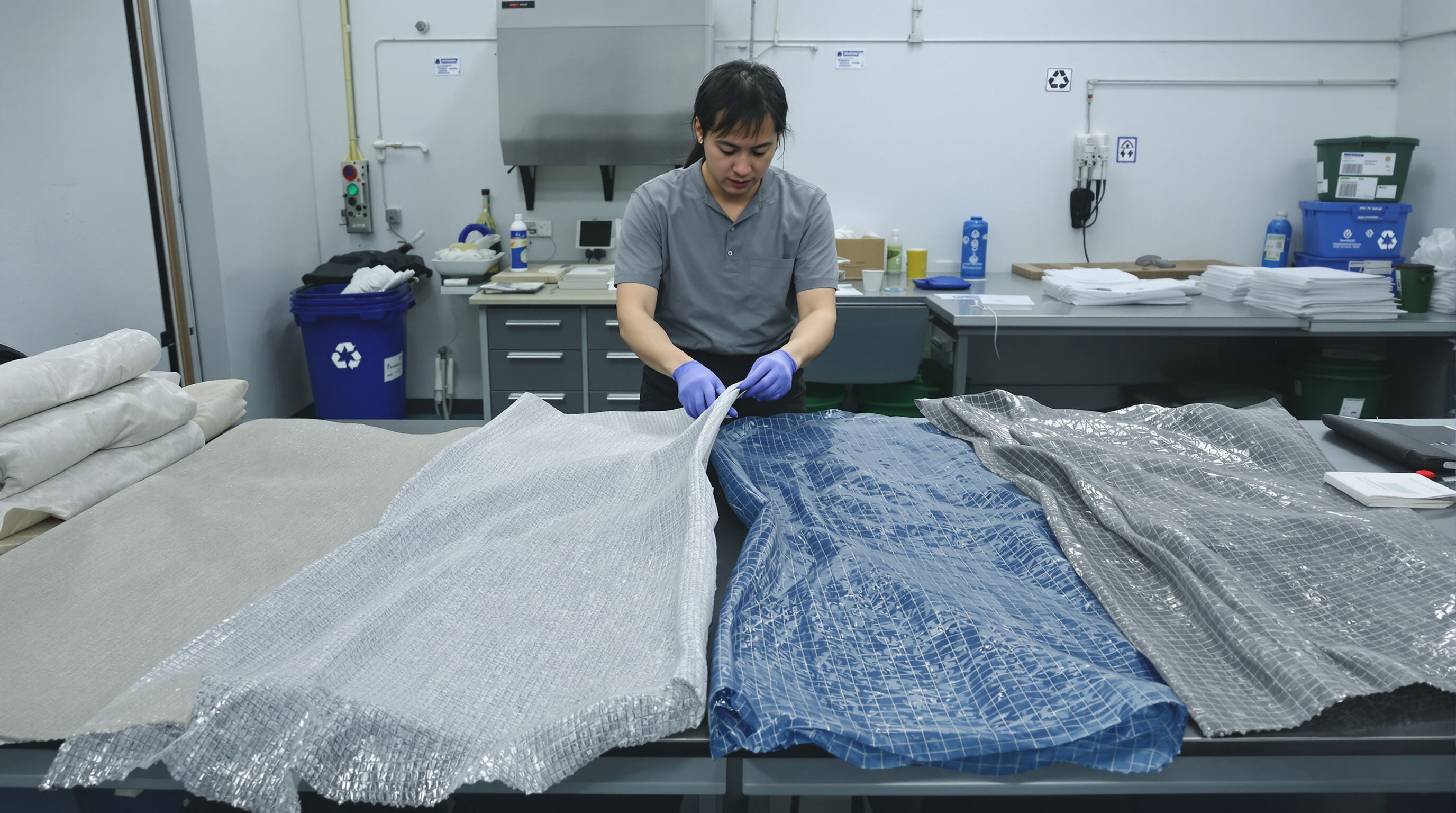 Researcher examining synthetic and biodegradable geo fabric samples in a lab