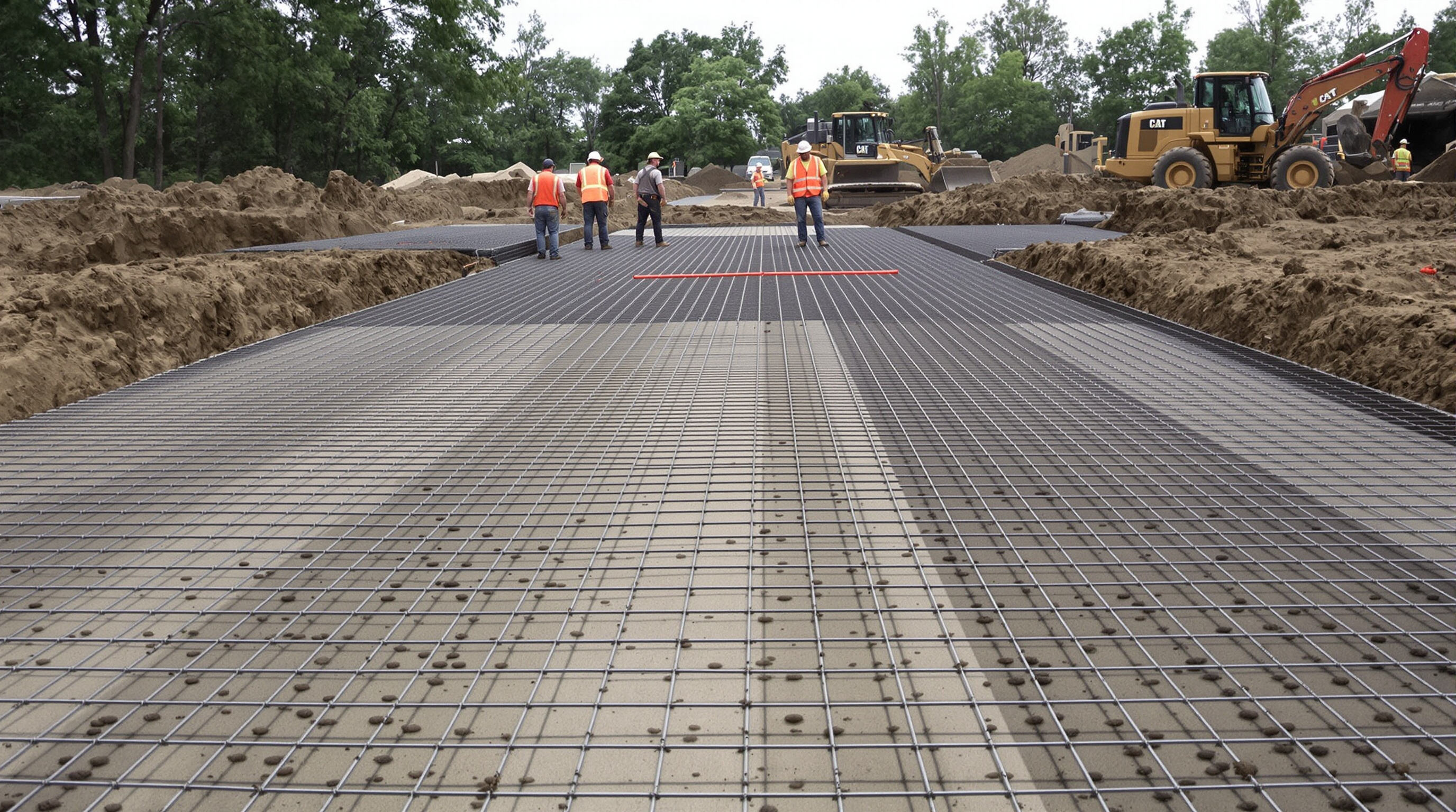 Engineers installing uniaxial geogrids on a soft soil construction site with heavy equipment in the background