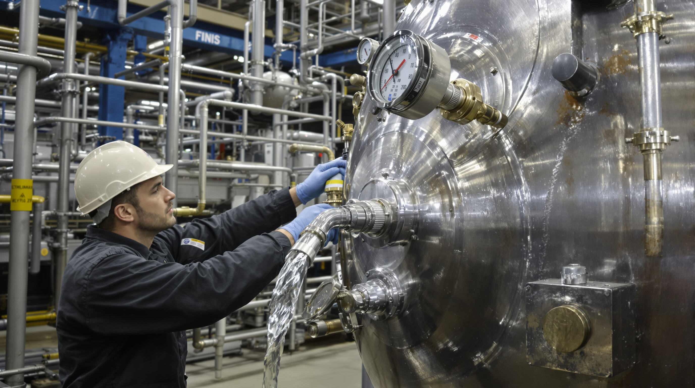 Technician conducting hydrostatic test on pressure vessel with water and inspection equipment in a refinery