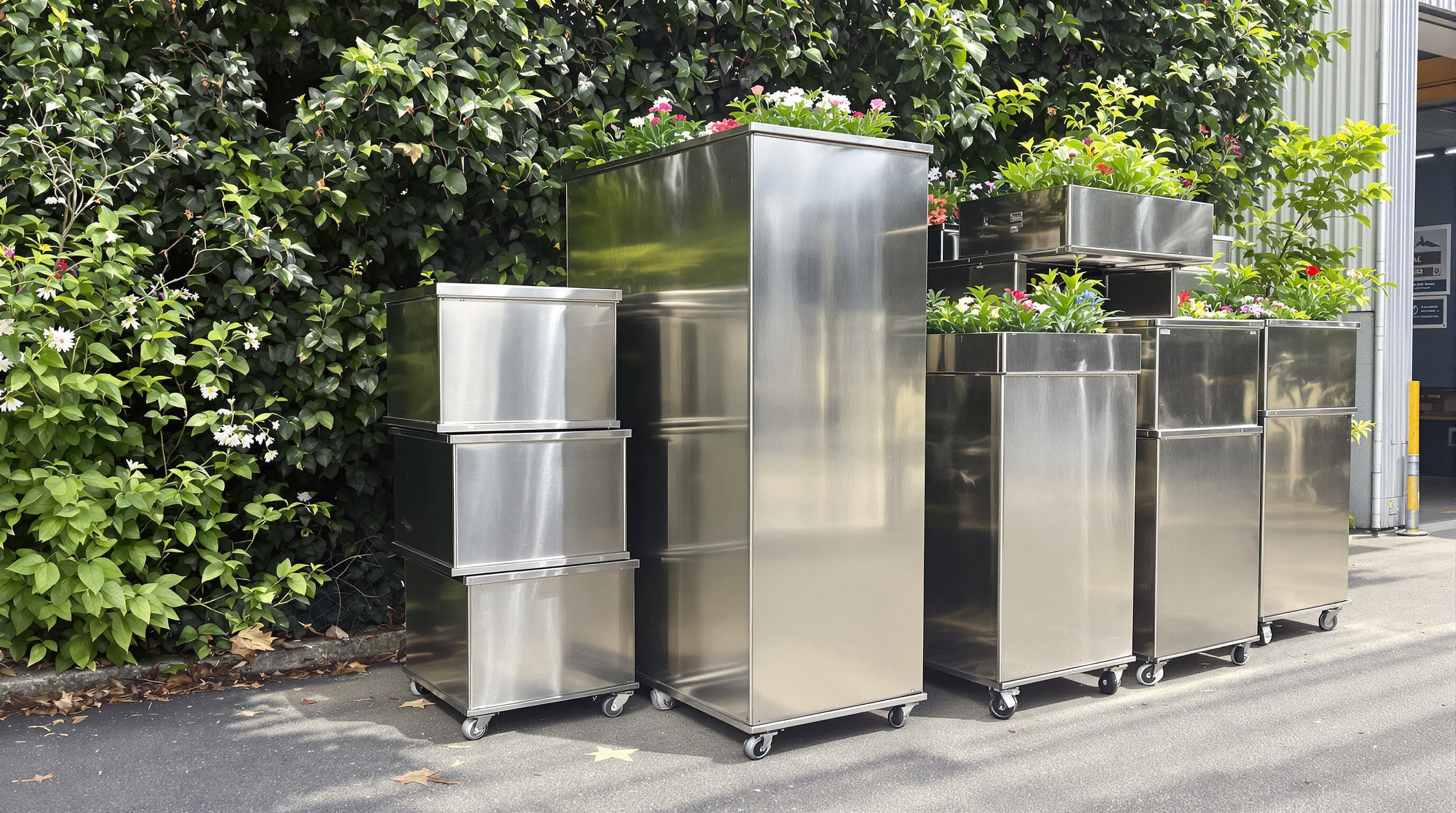 Stainless steel flower boxes at a recycling facility with urban greenery, highlighting sustainable reuse