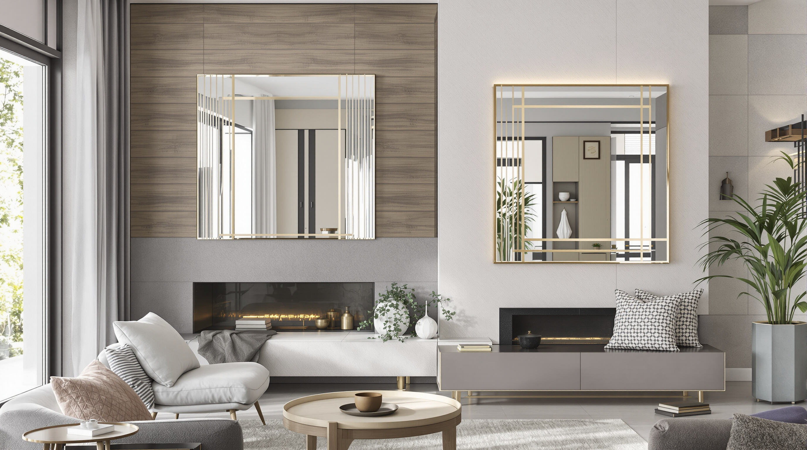 Modern living room showing stainless steel strips combined with wood, glass, and stone in wall and shelf design