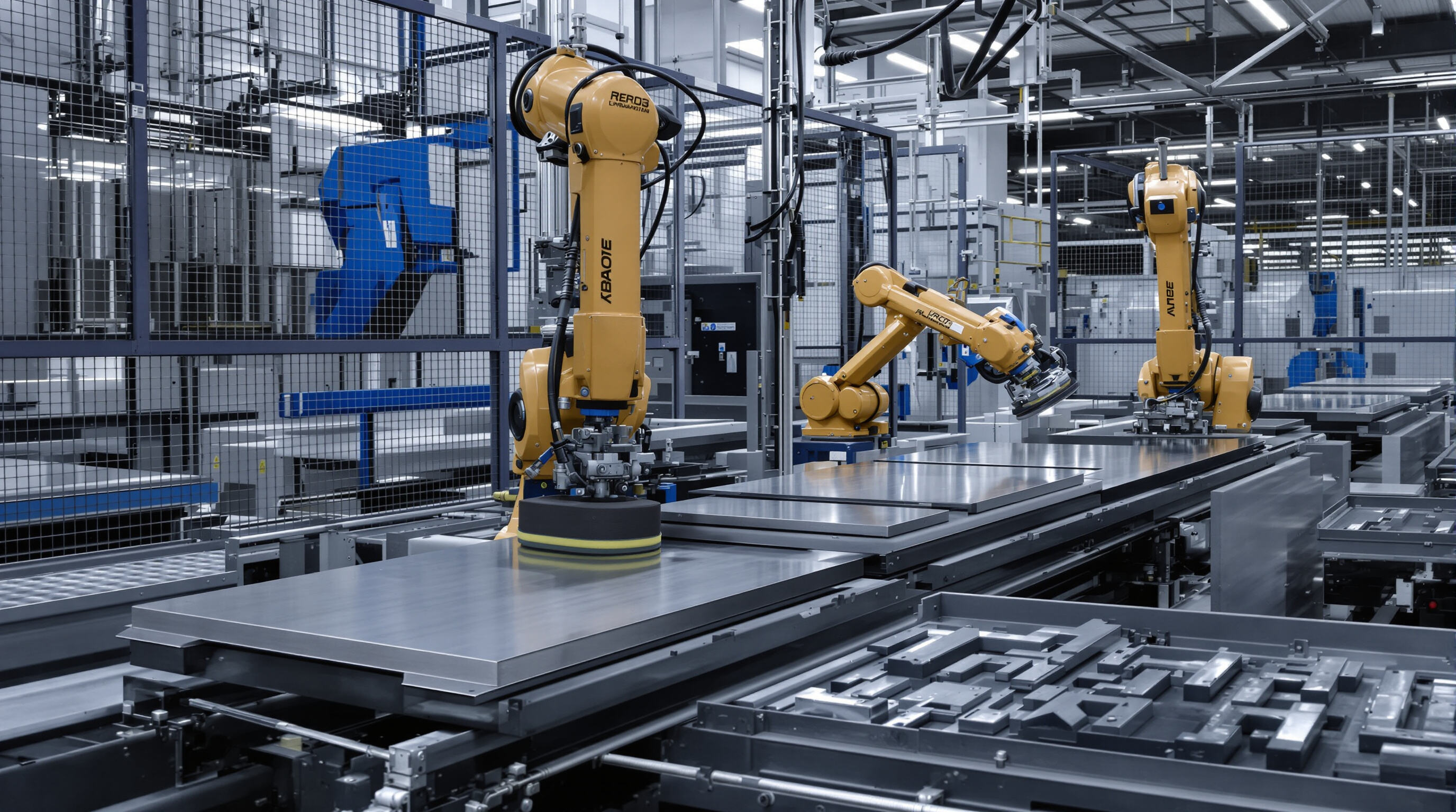 Robotic arms performing automated deburring and edge finishing on sheet metal parts in a modern fabrication cell