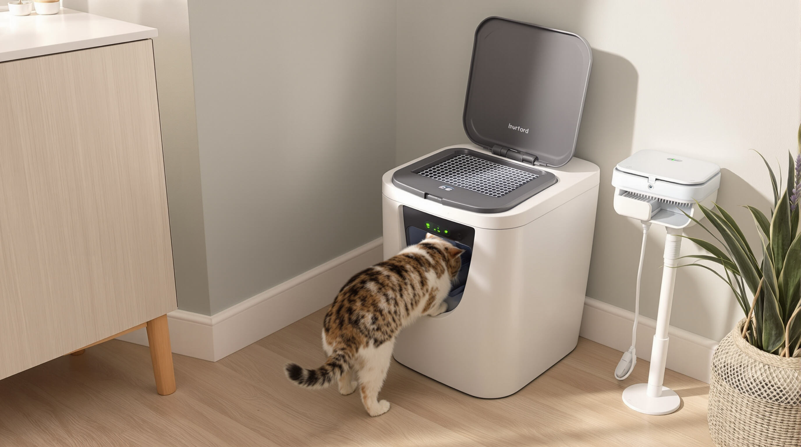 A cat stepping out of a top-entry self-cleaning litter box with automatic rake in a modern apartment.