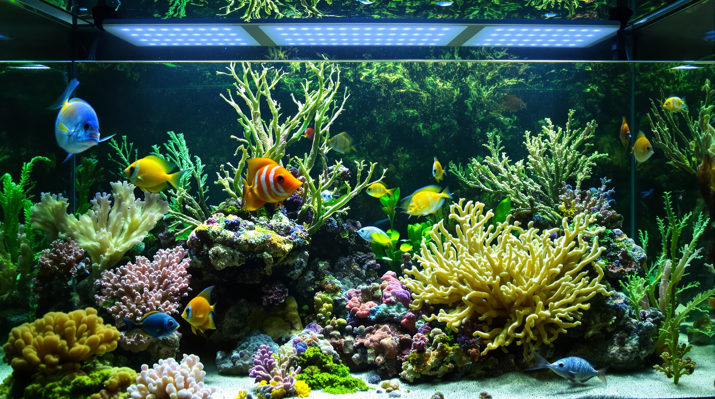 Aquarium interior showing fish, corals, and plants illuminated under well-calibrated LED lighting, emphasizing color balance and health