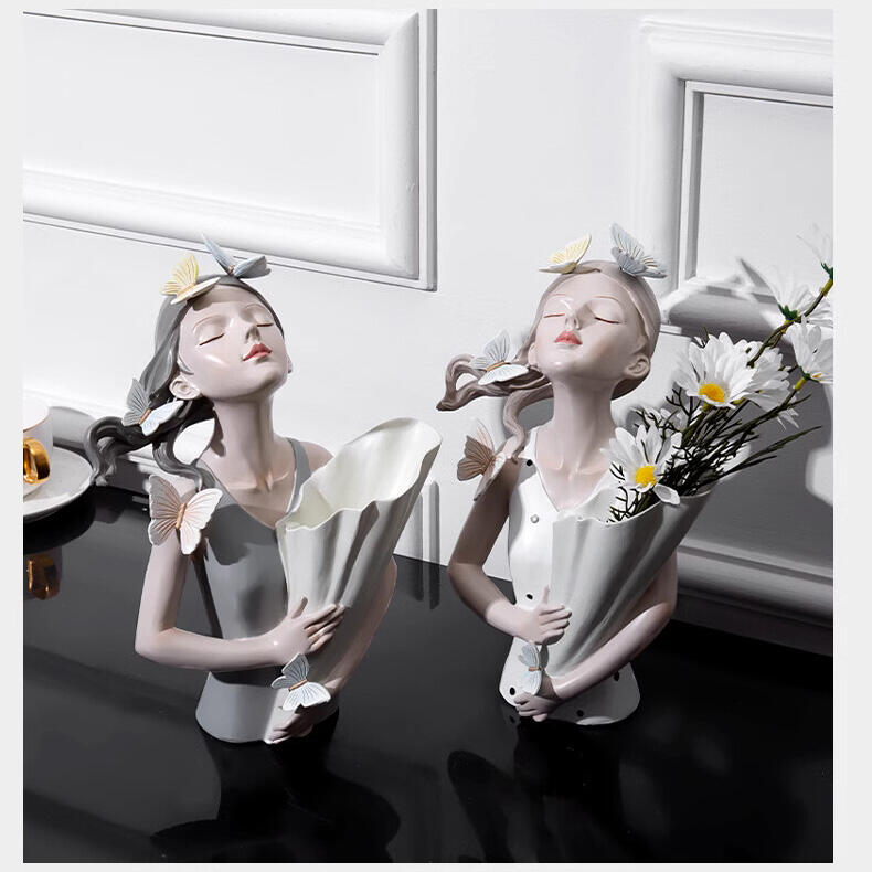 Home Decoration Resin Artificial Girl With Butterflies Sculpture Statue Vase factory