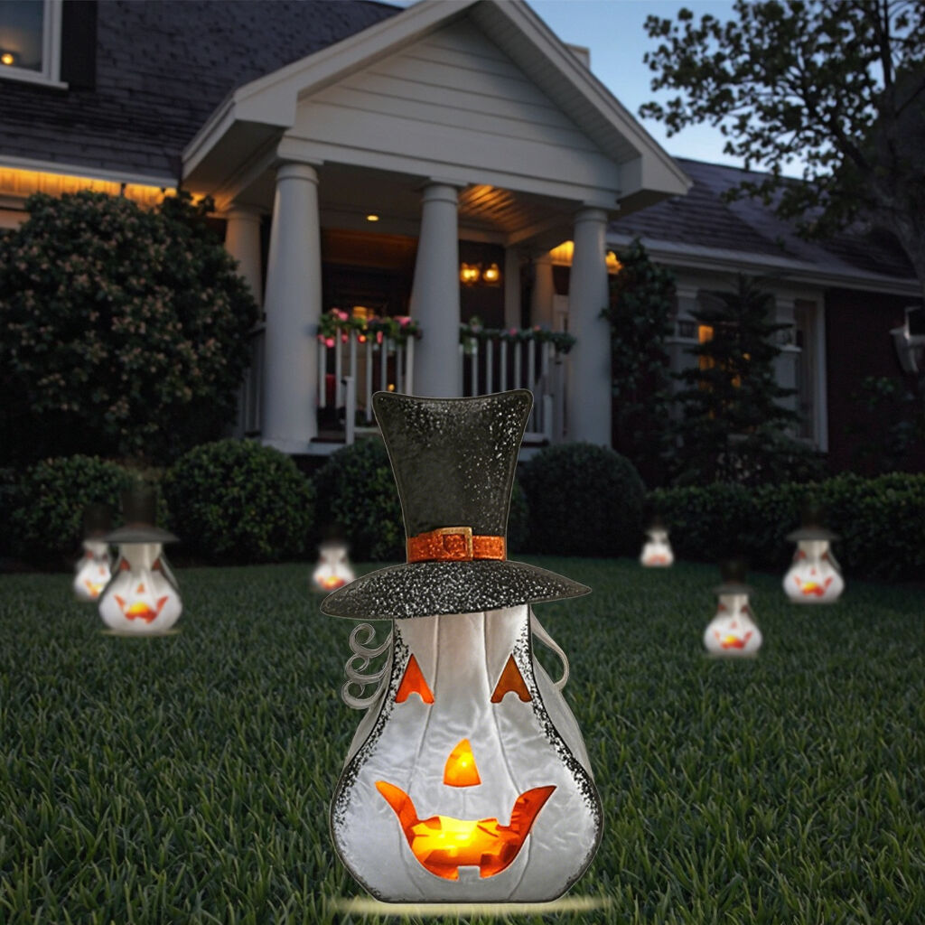 Halloween Waterproof  LED Flame Flashing Pear-shaped Metal Wizard Hat Pumpkin Lantern Solar Garden Decoration manufacture