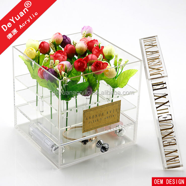 Clear Acrylic Flower Box For 9 Roses Display With Drawer