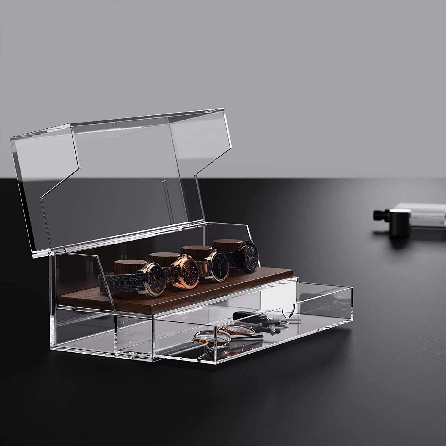 Customized  Acrylic Clear Watch Display Case Acrylic Organizer Watch Boxes with Drawer supplier