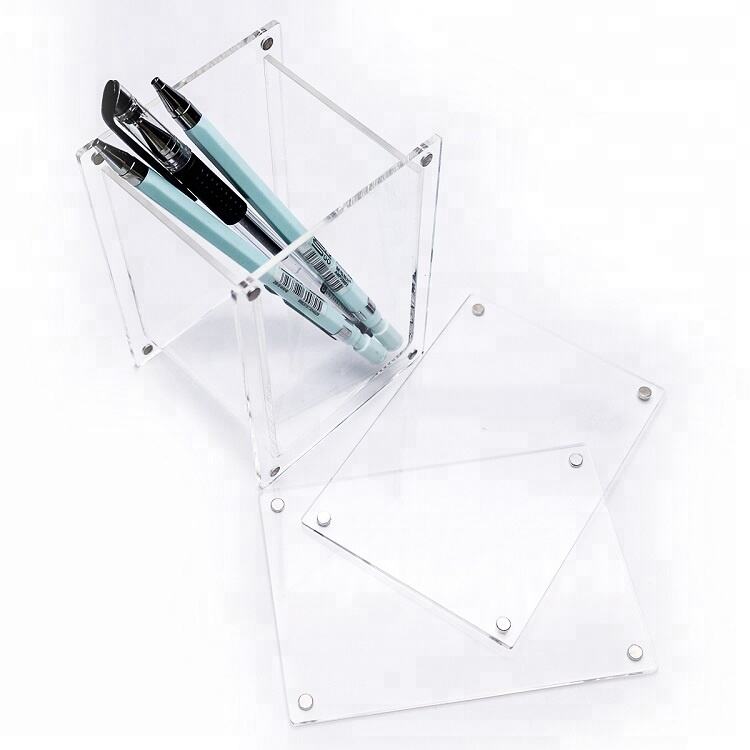 Custom Clear Acrylic Square Pen Pencil Ruler Holder with Magnetic photo Frame for Desk Table supplier