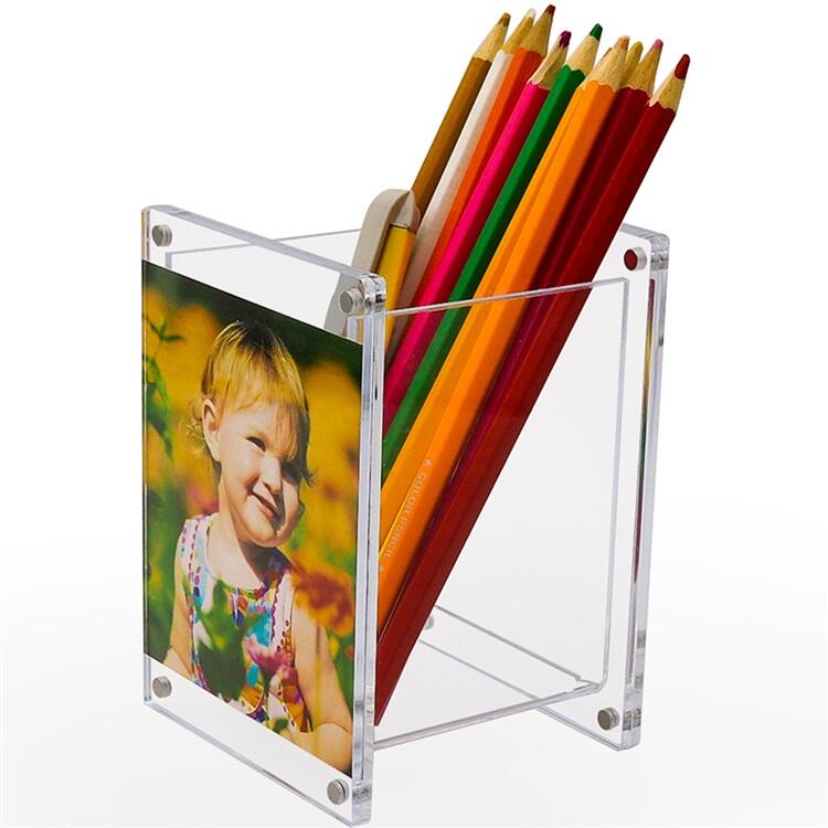 Custom Clear Acrylic Square Pen Pencil Ruler Holder with Magnetic photo Frame for Desk Table details