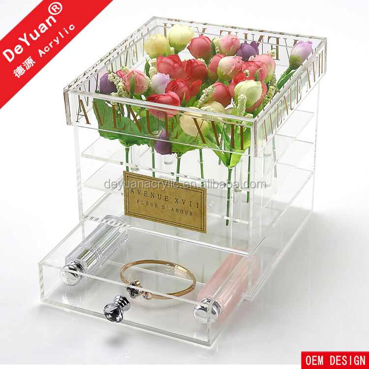 Clear Acrylic Flower Box For 9 Roses Display With Drawer