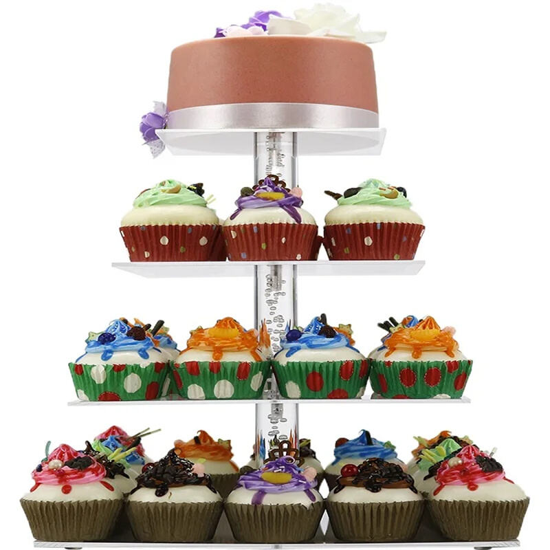 4 Tier Acrylic Cupcake Display Stand with LED String Lights Dessert Tree Tower for Birthday/Wedding Party Cake Rack Decor Tools