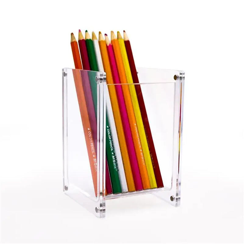 Custom Clear Acrylic Square Pen Pencil Ruler Holder with Magnetic photo Frame for Desk Table