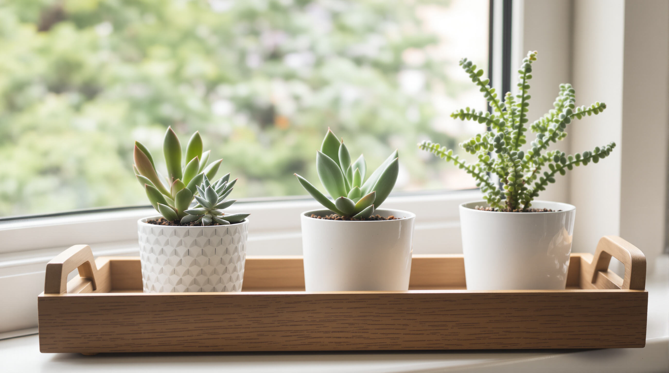A realistic image of a wood tray holding several small potted succulents grouped together on an indoor shelf.