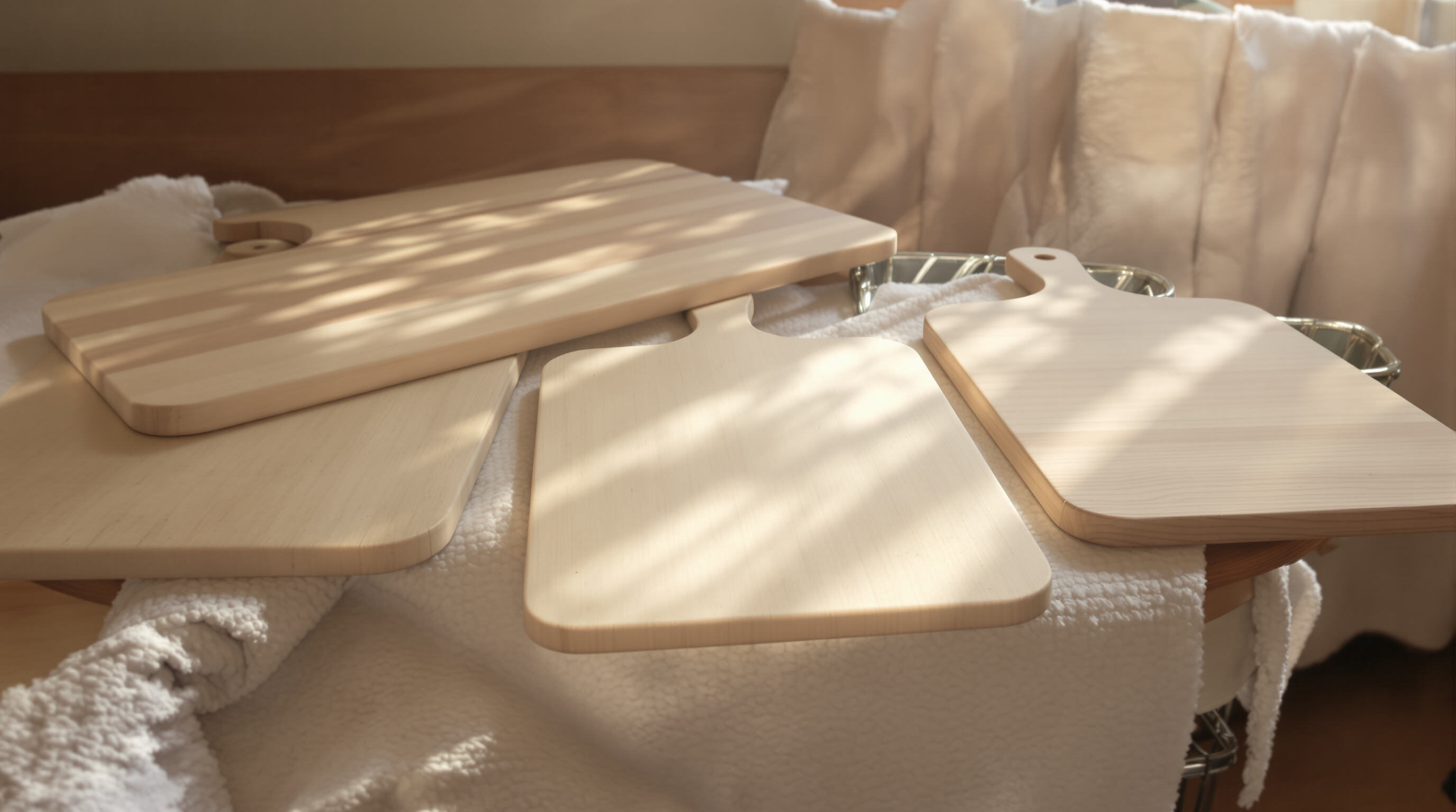 Wooden cutting boards air-drying flat on towels in a softly lit, airy kitchen environment