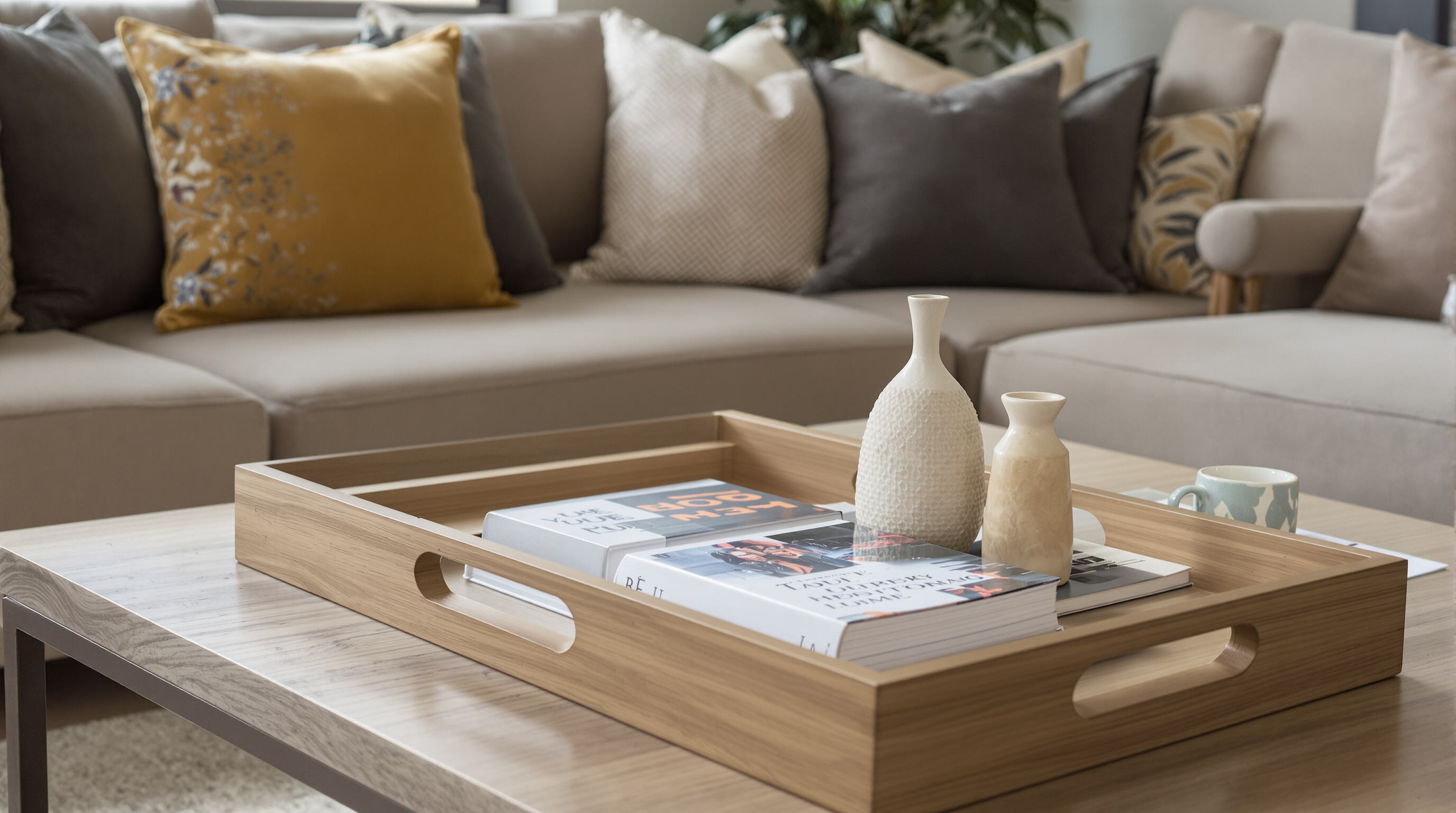 A close-up realistic photo of a wooden tray organizing books and decor items on a coffee table in a tidy living room.