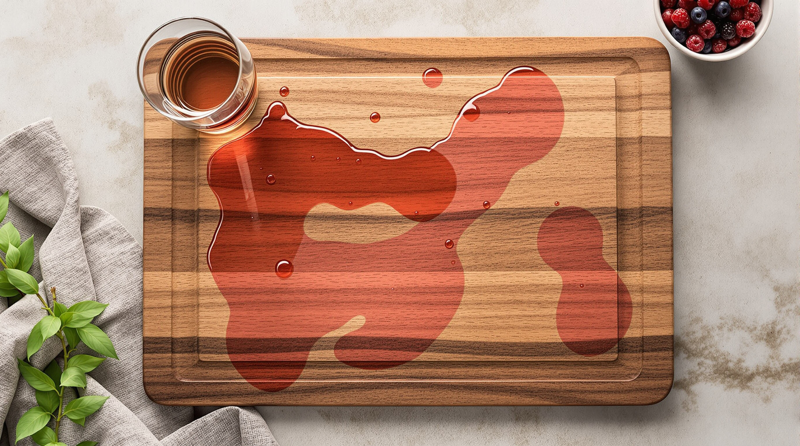 Liquids beading on acacia board surface, demonstrating stain and moisture resistance