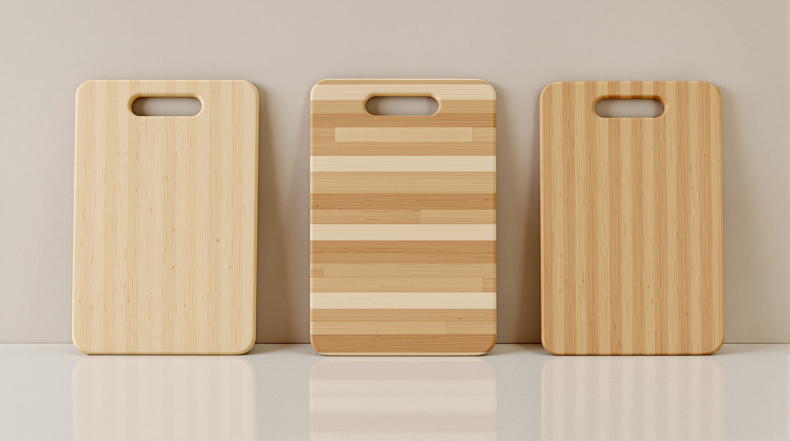 Three cutting boards of wood, plastic, and bamboo on a kitchen counter, showing different wear and surface textures.