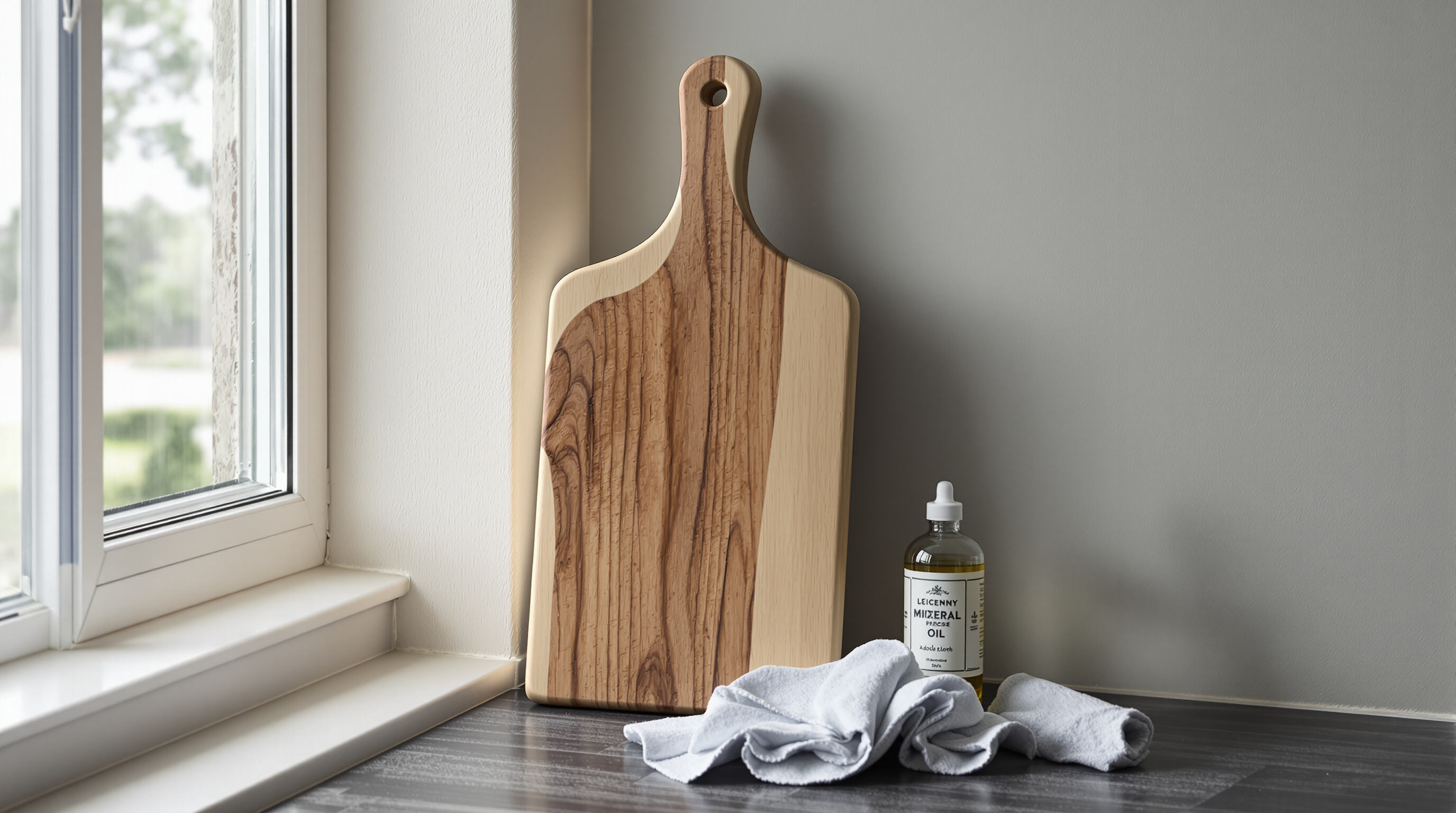 A wooden cheese board drying upright with a microfiber cloth and oil bottle on a table near a window.