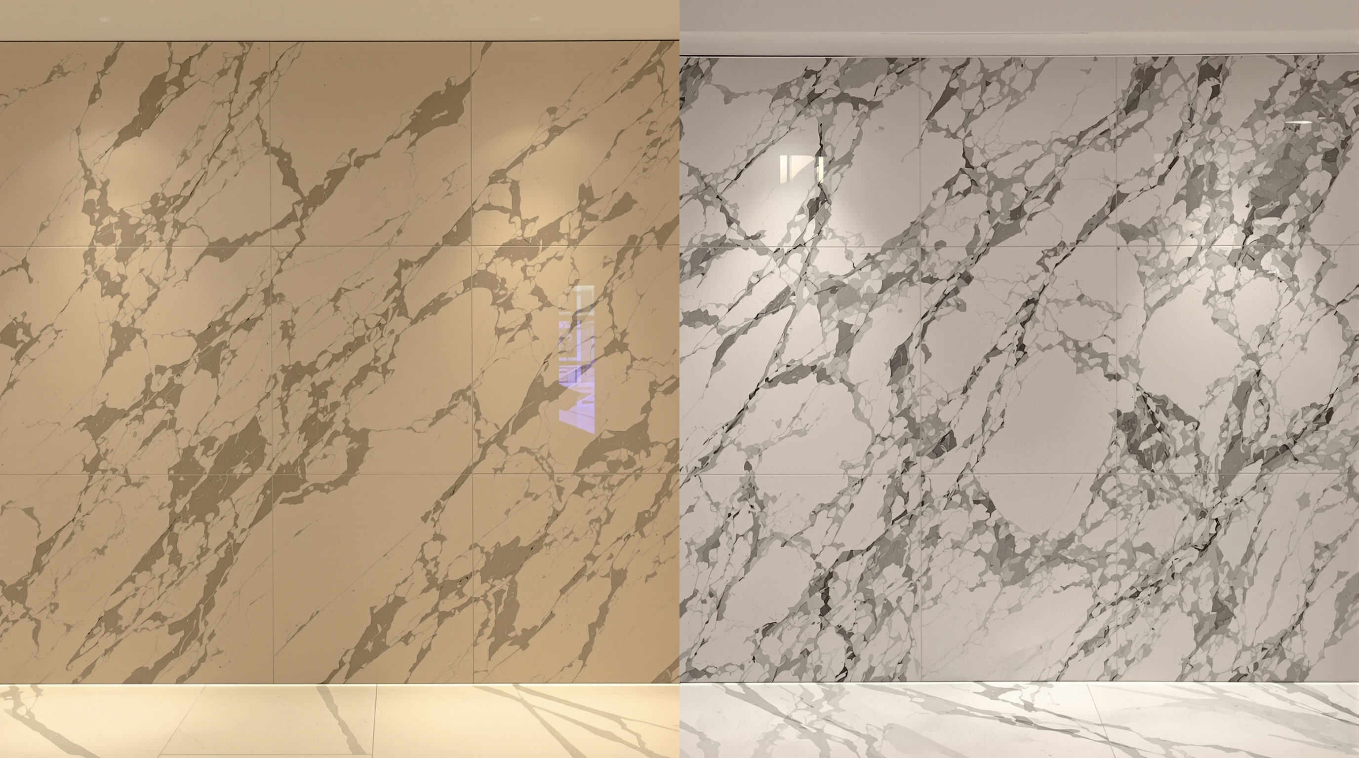 Lobby photo comparing two walls: one finished with UV marble sheets and the other with real marble, illustrating similar high-end appearance and easy installation.
