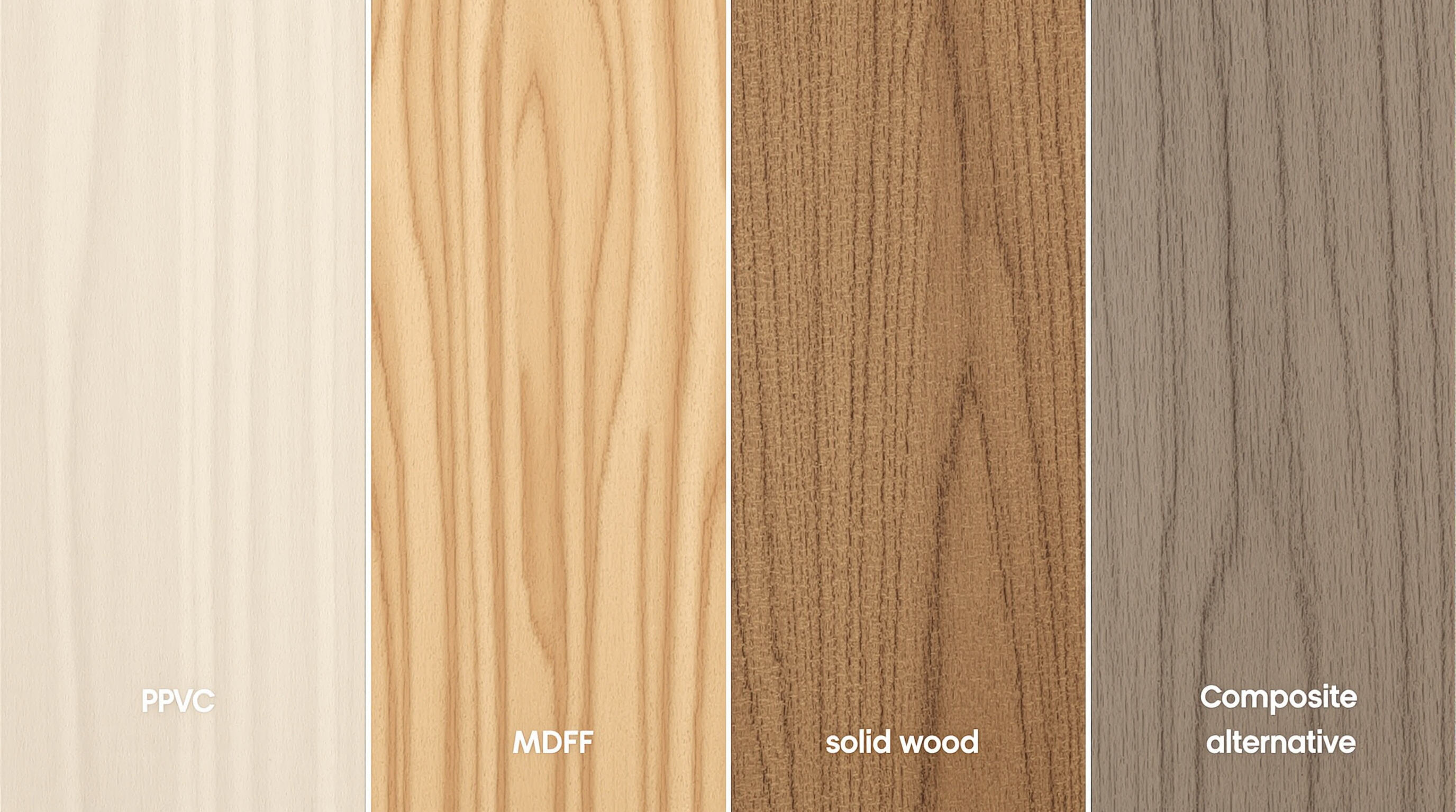 Four types of 3D wall panels—PVC, MDF, solid wood, and composite—side-by-side showing their different textures and finishes