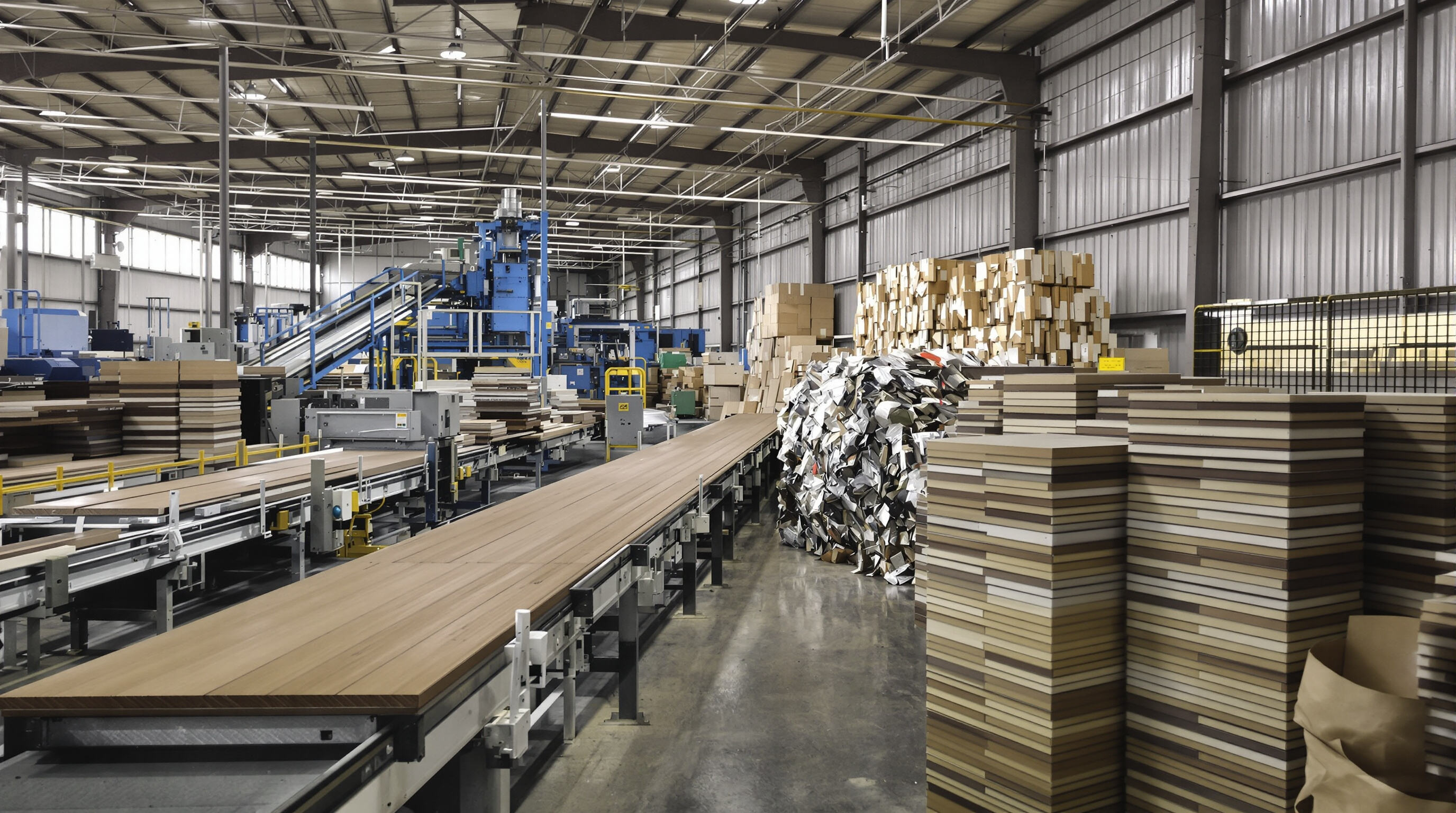 Manufacturing scene of plastic wood decking made from recycled materials