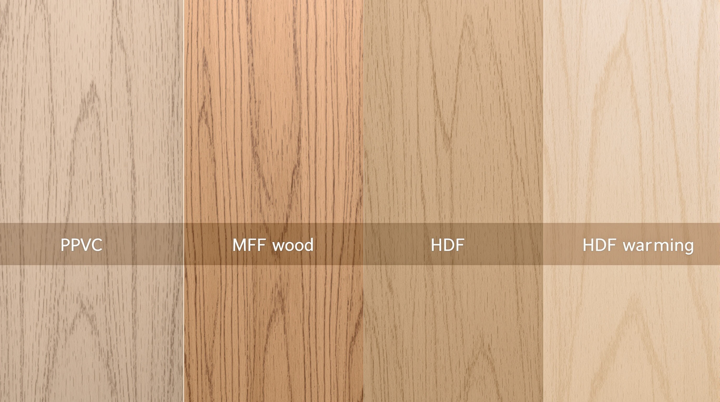 Close-up of PVC and wood-based wall panels showing differences in moisture resistance and surface texture